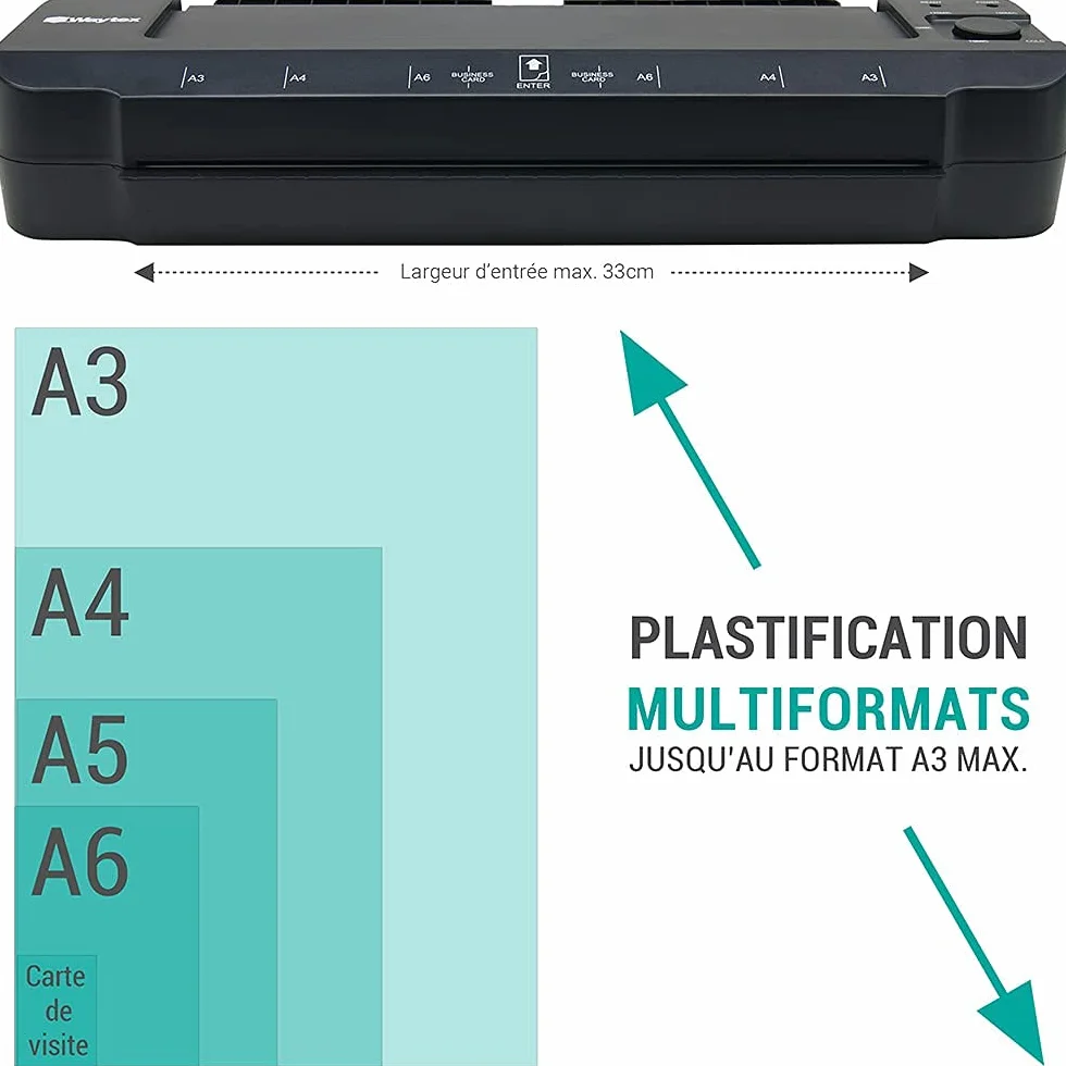 Plastifieuse A3 A4 A5 A6 A7 Pro Ultra Rapide Chaud Froid 2x150 microns Température Réglable Usage Professionnel Pack 200 Pochettes A4 A3 Rogneuse