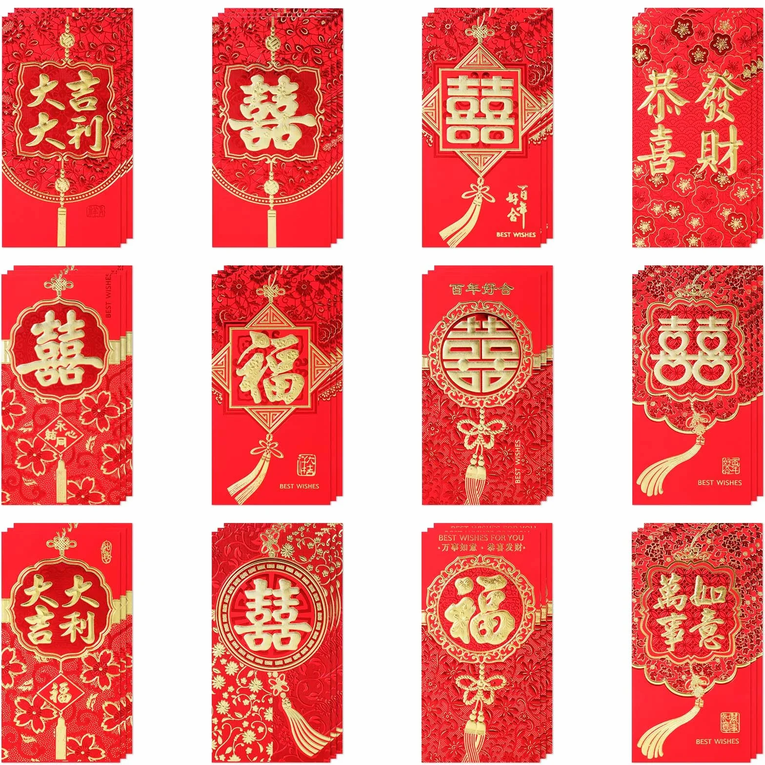 Enveloppes Rouges du Nouvel An Chinoises Porte-bonheur Lot de 36 pour Mariage Fête du Printemps