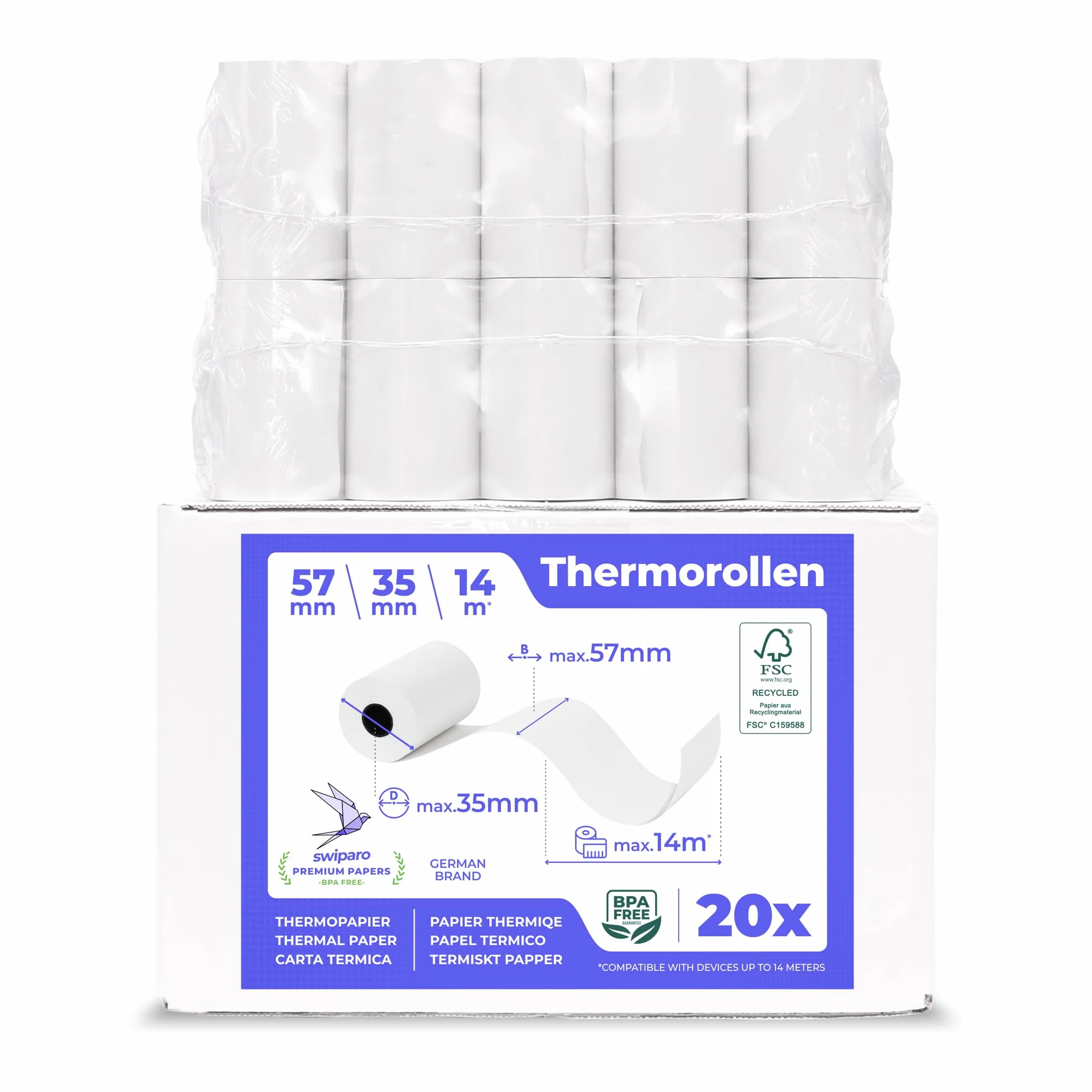 Rouleau TPE Carte Bancaire 57x35x12 Papier Thermique 57mm x 14m x 12mm sans BPA