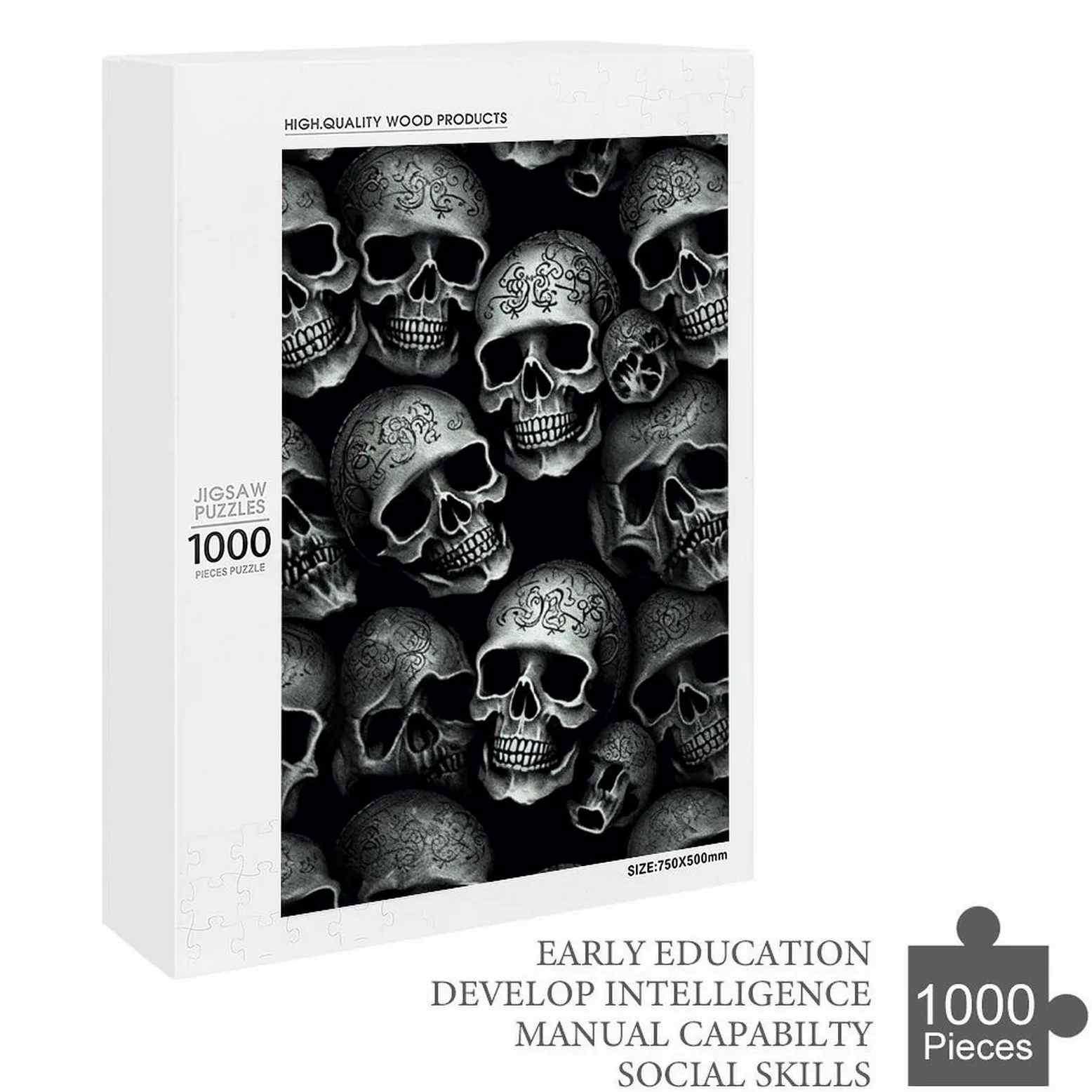 Casse-tête en bois pour adultes pour décoration d'intérieur, casse-tête de mort noir de forme unique avec boîte exquise, puzzle en bois personnalisé de 1 000 pièces pour cadeau de famille, voyage