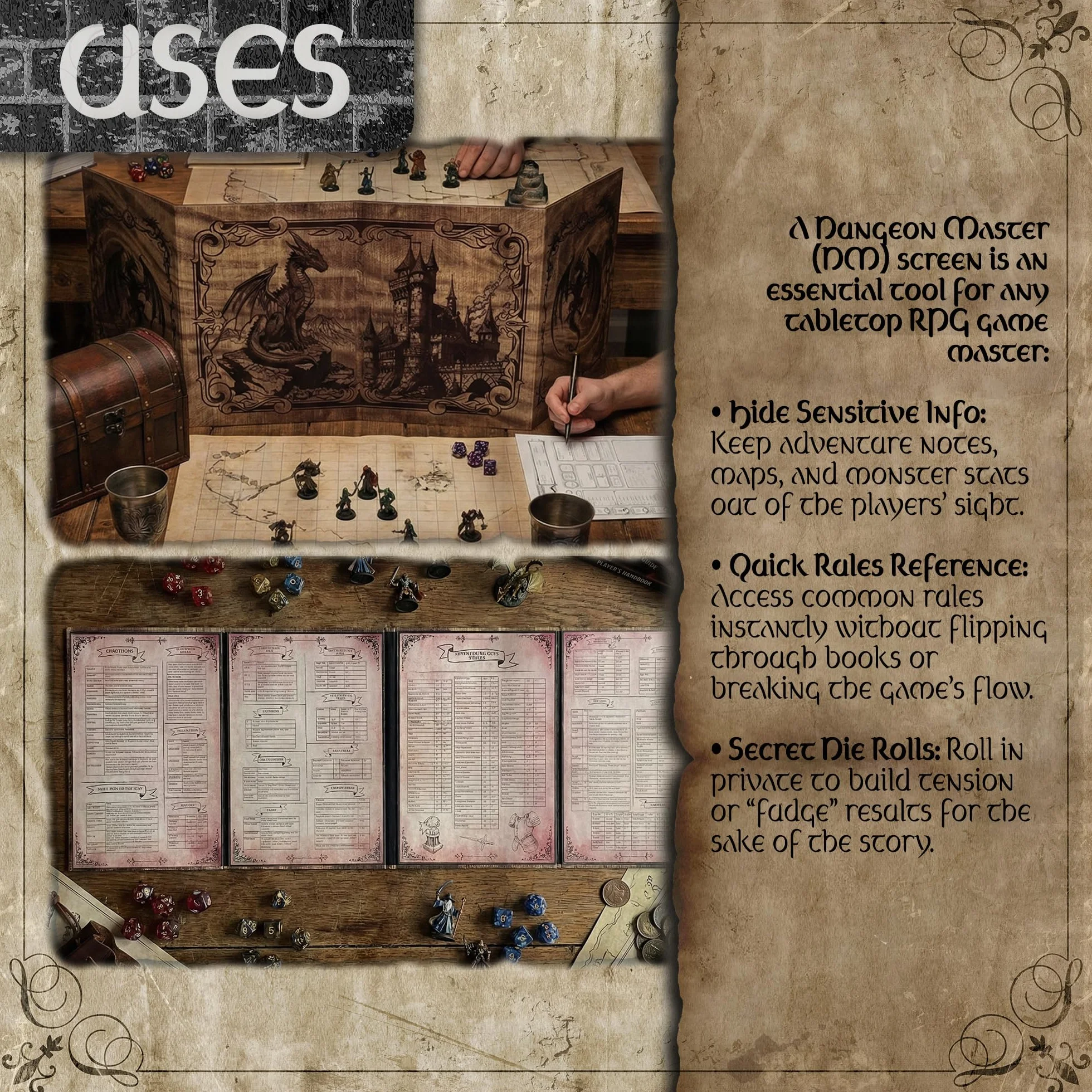 Ecran Maitre du Jeu Dungeon Master DOJA Hobbies DM Screen Pliable 4 Panneaux Finition Lisse avec Inserts Personnalisables