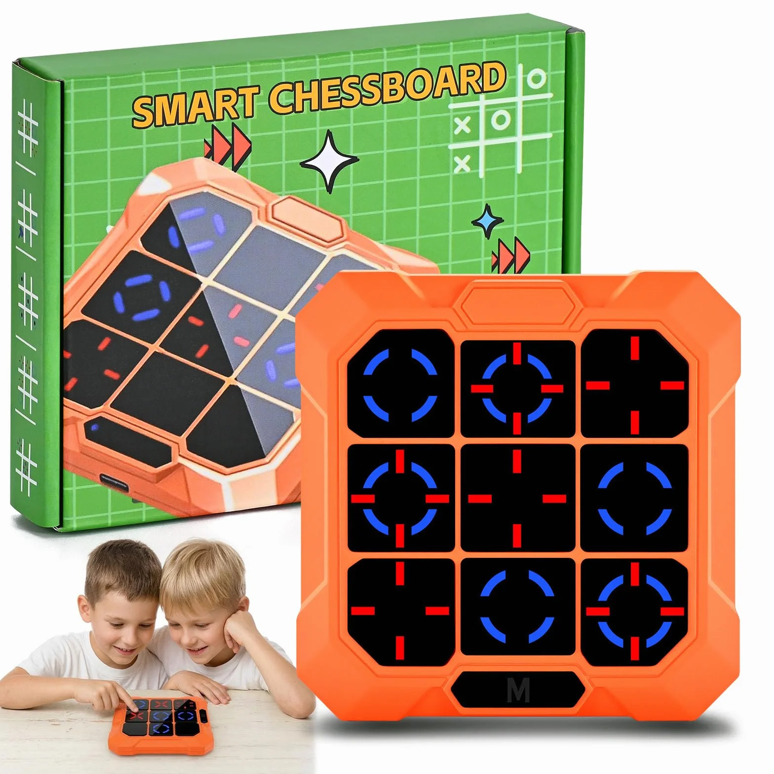 BlueSwan Morpion Électronique 6‑en‑1 Console de Jeu Portable Rechargeable avec Mode Silencieux Orange