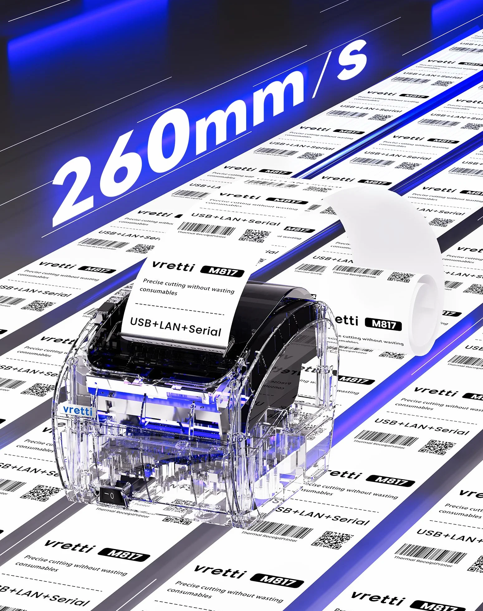 vretti Imprimante de Reçus Thermique 80mm, POS Imprimante Ticket de Caisse avec Support de Coupe Automatique, USB+LAN+Serial