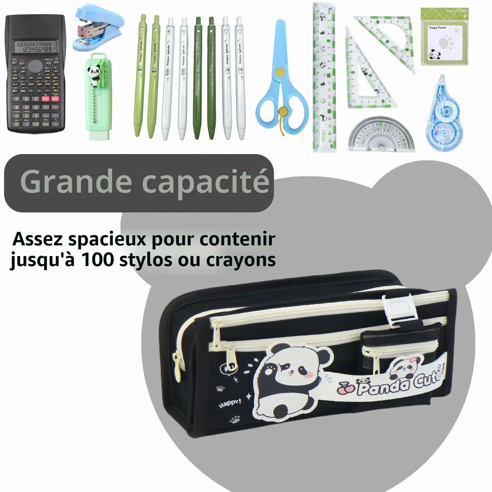 Trousse Scolaire Panda Kawaii Grande Capacité Plusieurs Compartiments Noir