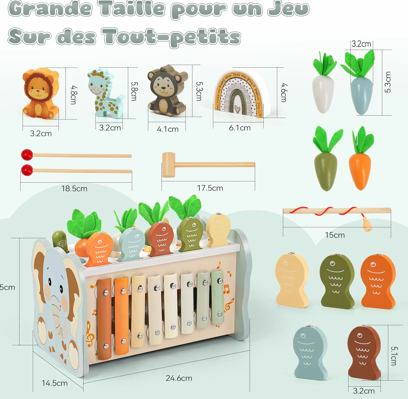 Jouet Montessori 1 an 6 en 1 Bois Bebe avec Xylophone, Jeu de Taupe, Pêche, Engrenage, Cadeau Anniversaire Noël 1 2 3 Ans Garcon Fille