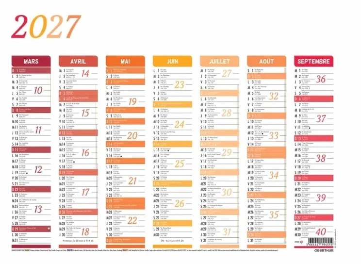 OBERTHUR Calendrier Mural Scolaire 27 x 21 cm Août 2026 Septembre 2027