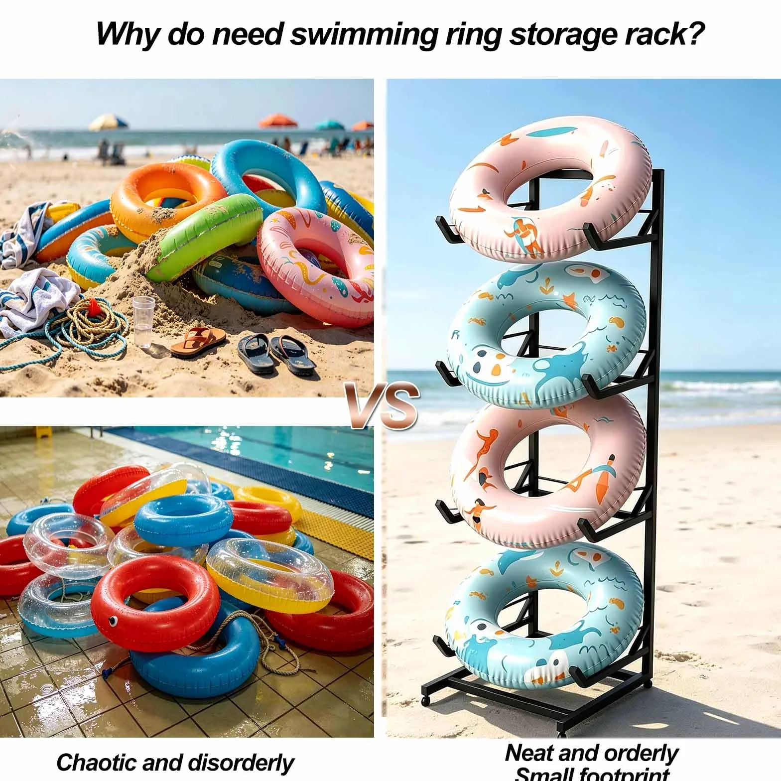 Organisateur de piscine pour bouées et jouets, support de rangement pour bouées et flotteurs, porte-serviettes à roulettes pour garage, balcon, piscine, terrasse, plage (noir, 60*50*170cm)