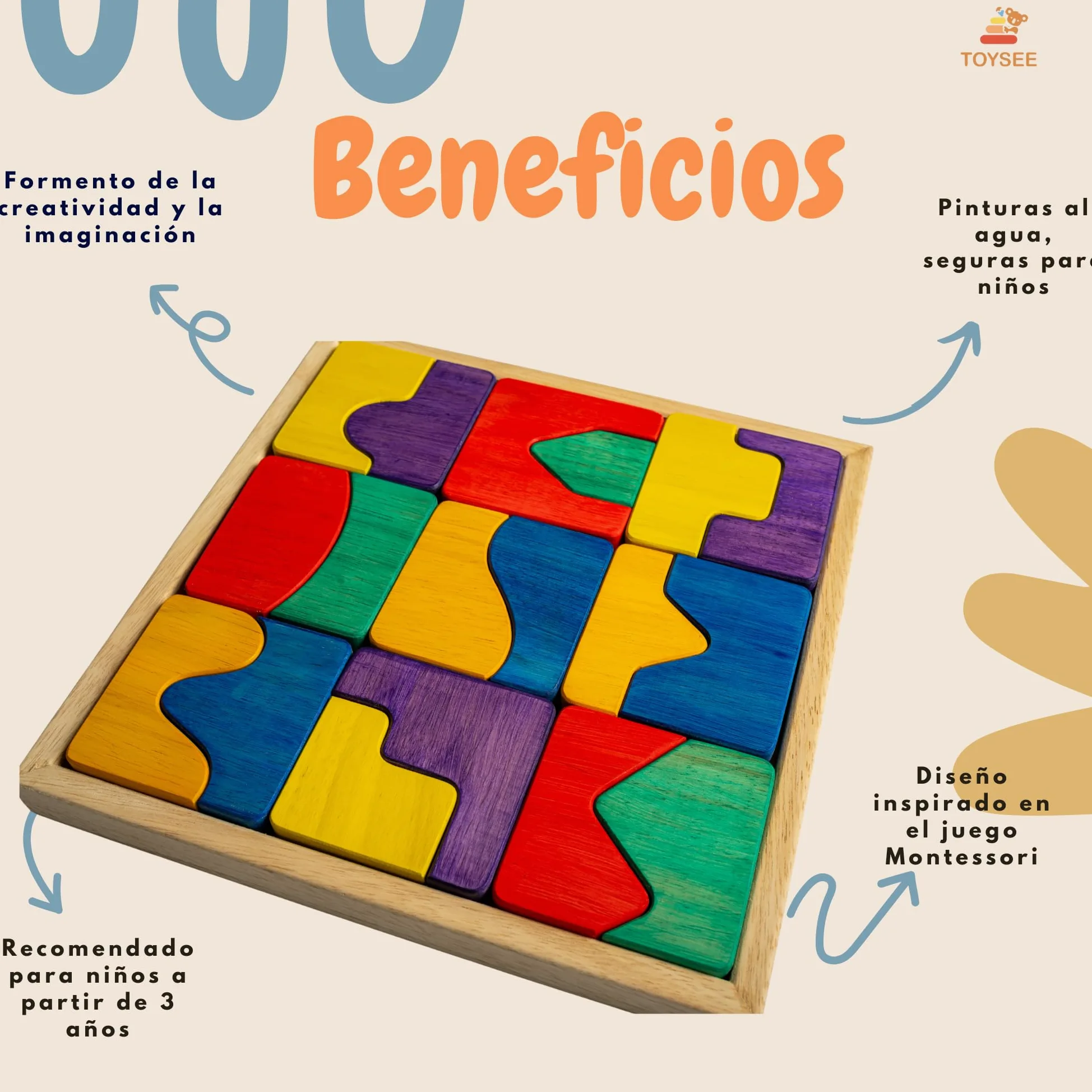 Puzzle de blocs de bois - 18 pièces - Jouet éducatif 3+ ans