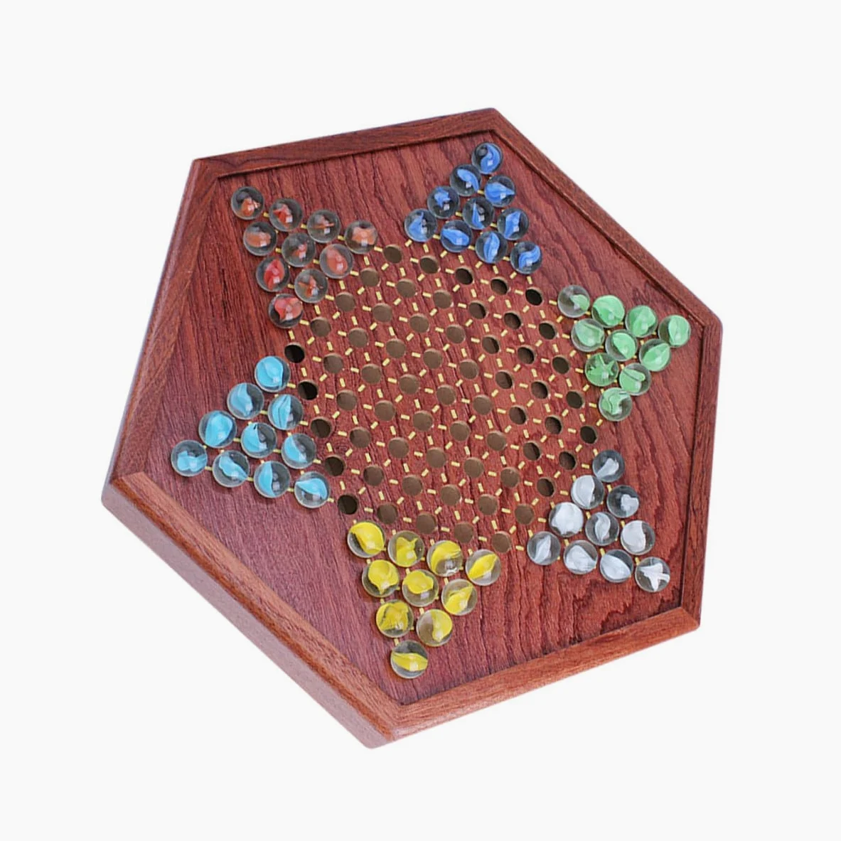 Hohopeti Jeu de Dames Chinois Bois avec Tiroir de Rangement Plateau Solide et Billes Verre Colorées Jeu de Stratégie Familial pour Garçon Fille et Adultes