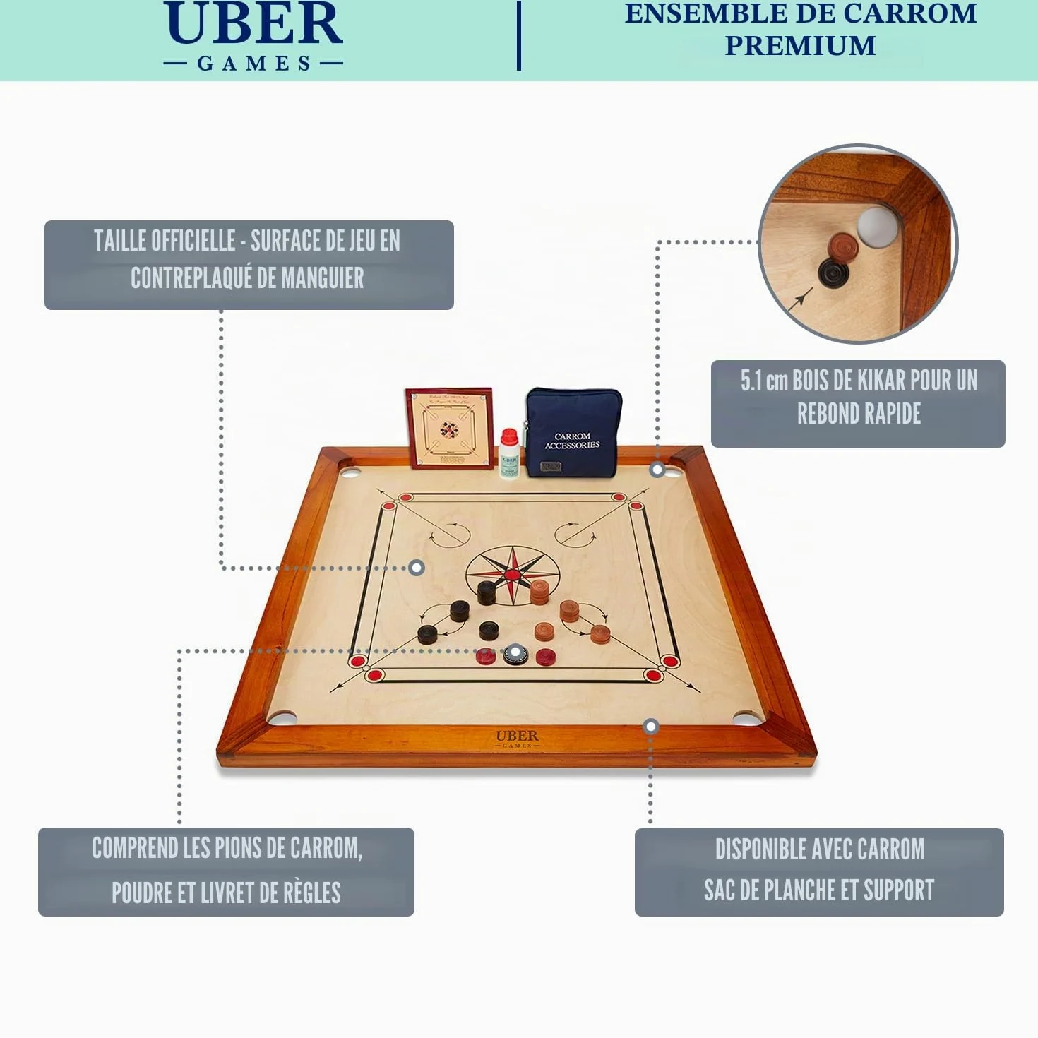 Uber Games Planche de carrom de qualité supérieure (83,8 x 83,8 cm)