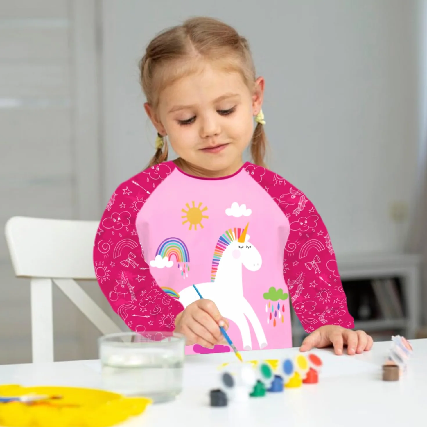 Tablier Peinture Enfant 3-8 ans Licorne Dinosaures Manchon 3 Poches Longueur 58cm