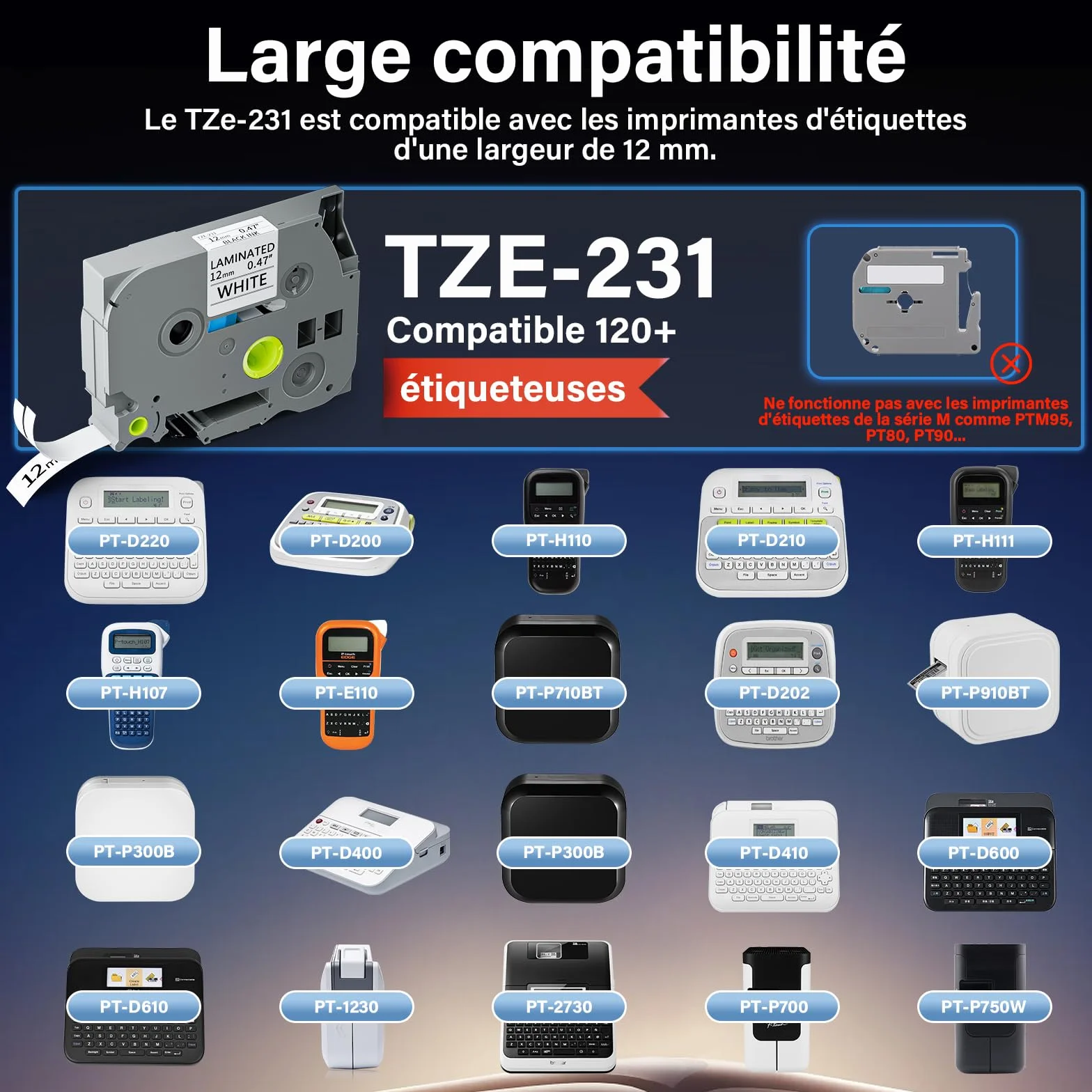 Brother P-touch Tze-231 12mm Ruban Laminé Noir sur Blanc Compatible