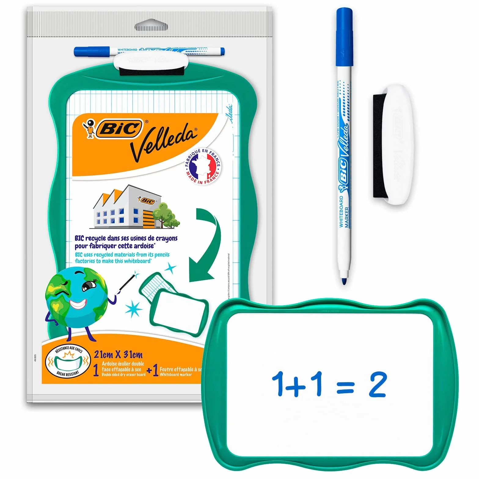 BIC Velleda Ardoise Ecolier Double Face 21x31 cm Effaçable à Sec avec Feutre Bleu et Effacette - Verte