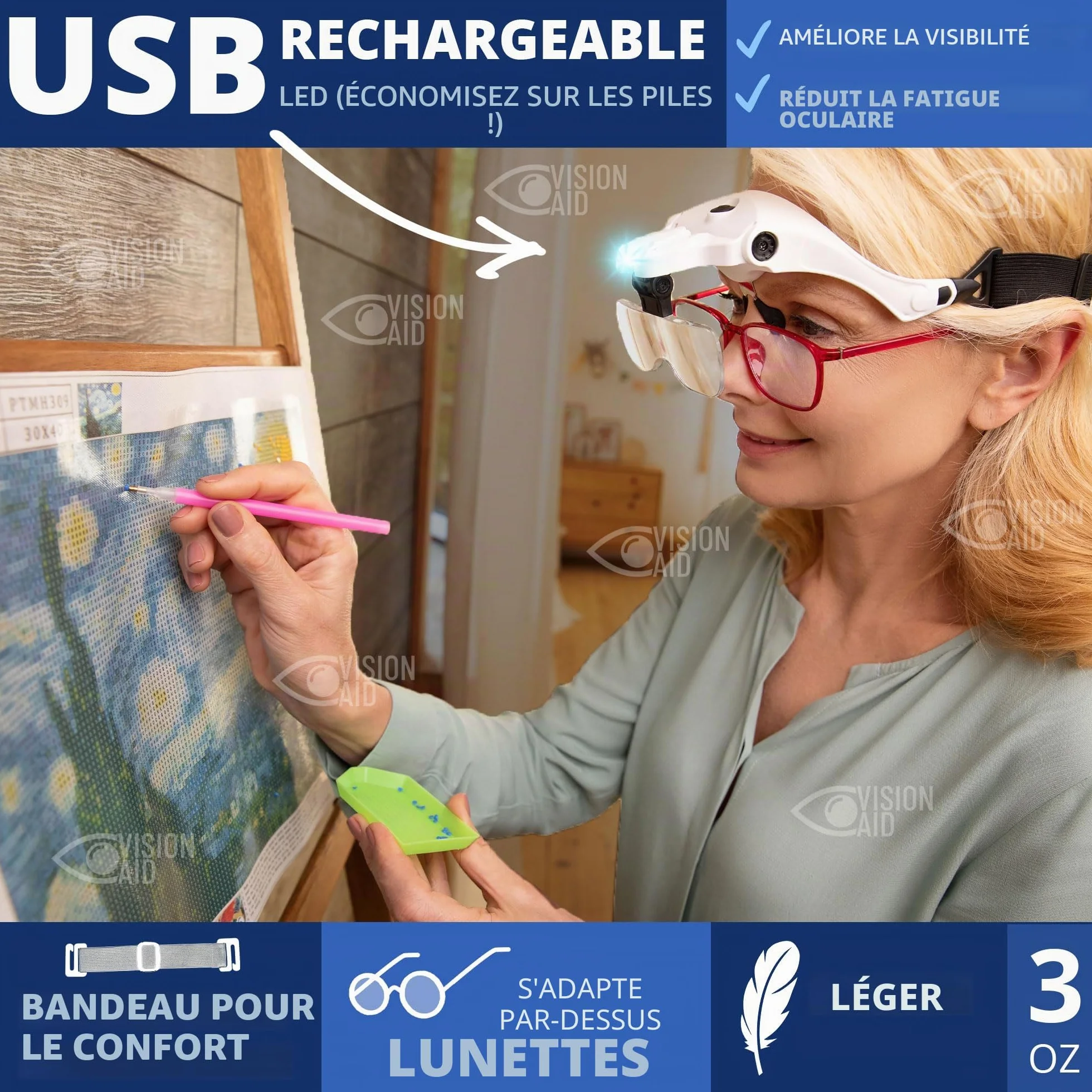 Lunettes loupe Vision Aid avec lumière LED, 5 verres, mains libres pour point de croix et peinture diamant