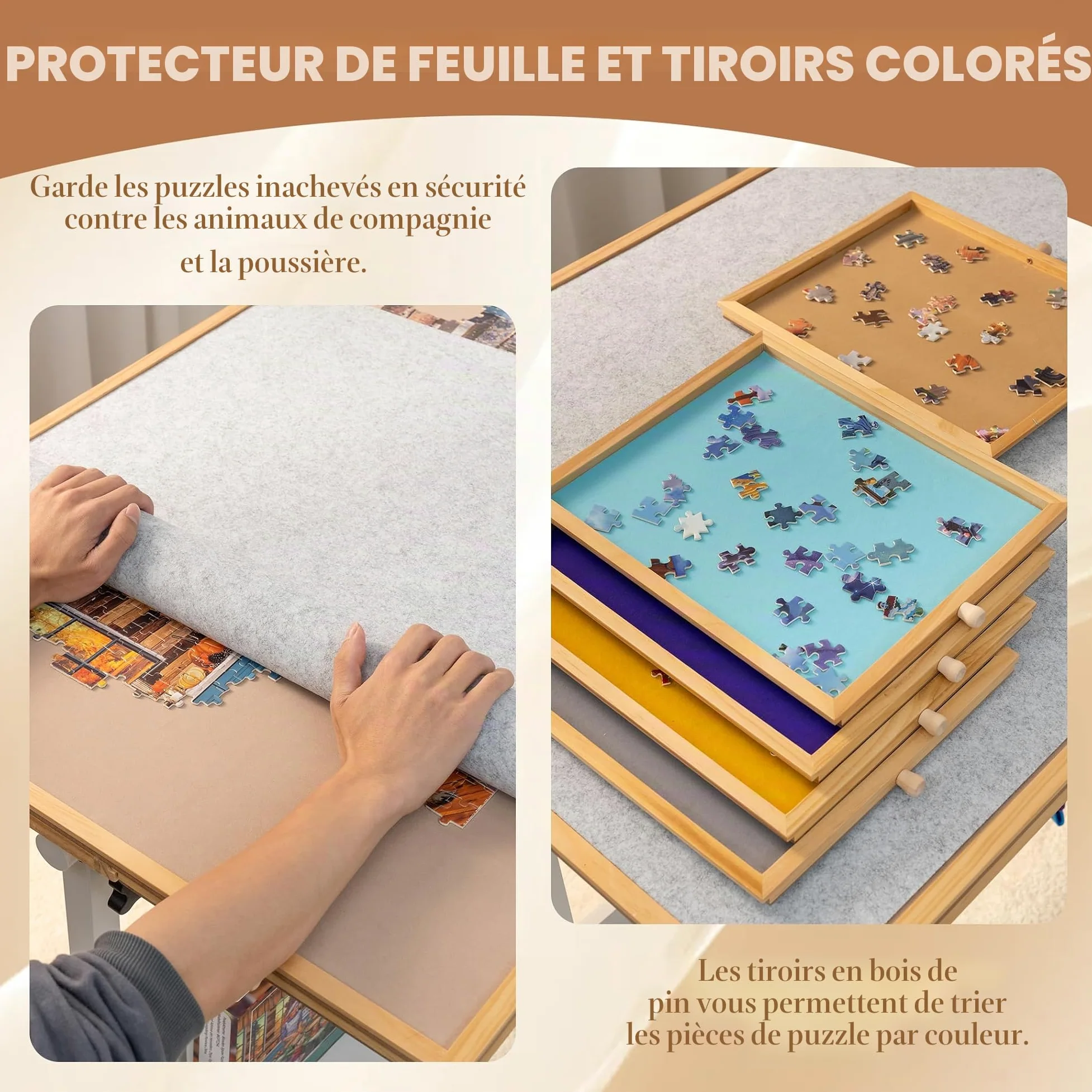 Tektalk Table de Puzzle avec réglage de l'angle et de la Hauteur, Plateau de Puzzle avec Couvercle et 5 tiroirs de tri, Table inclinable avec Pieds, fermée avec 4 roulettes, jusqu'à 1500 pièces
