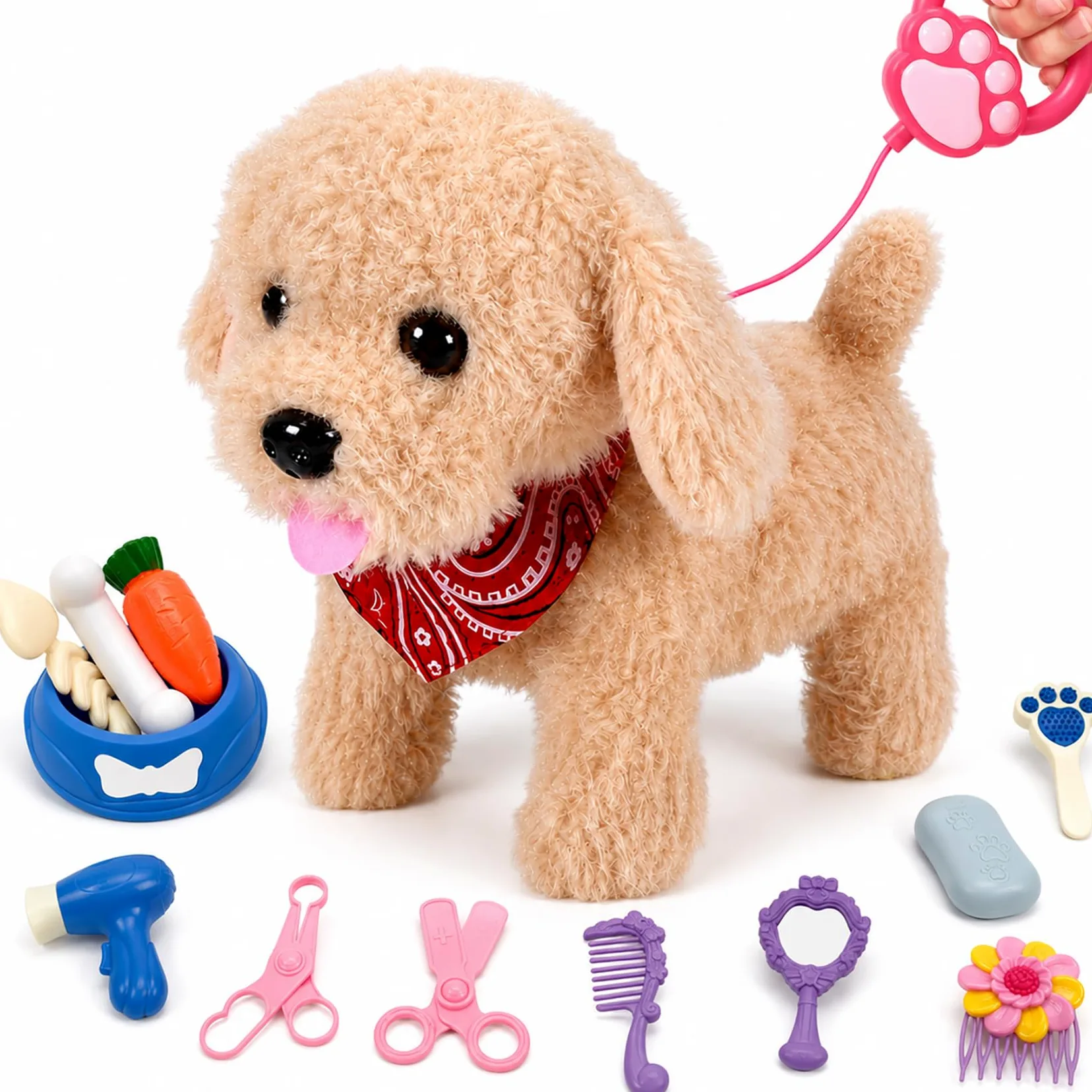 Jouet interactif pour Chien en Peluche : aboiements réalistes, Queue Qui remue, kit de toilettage, pour Enfants âgés de 3 à 6 Ans (Brauner Welpe)