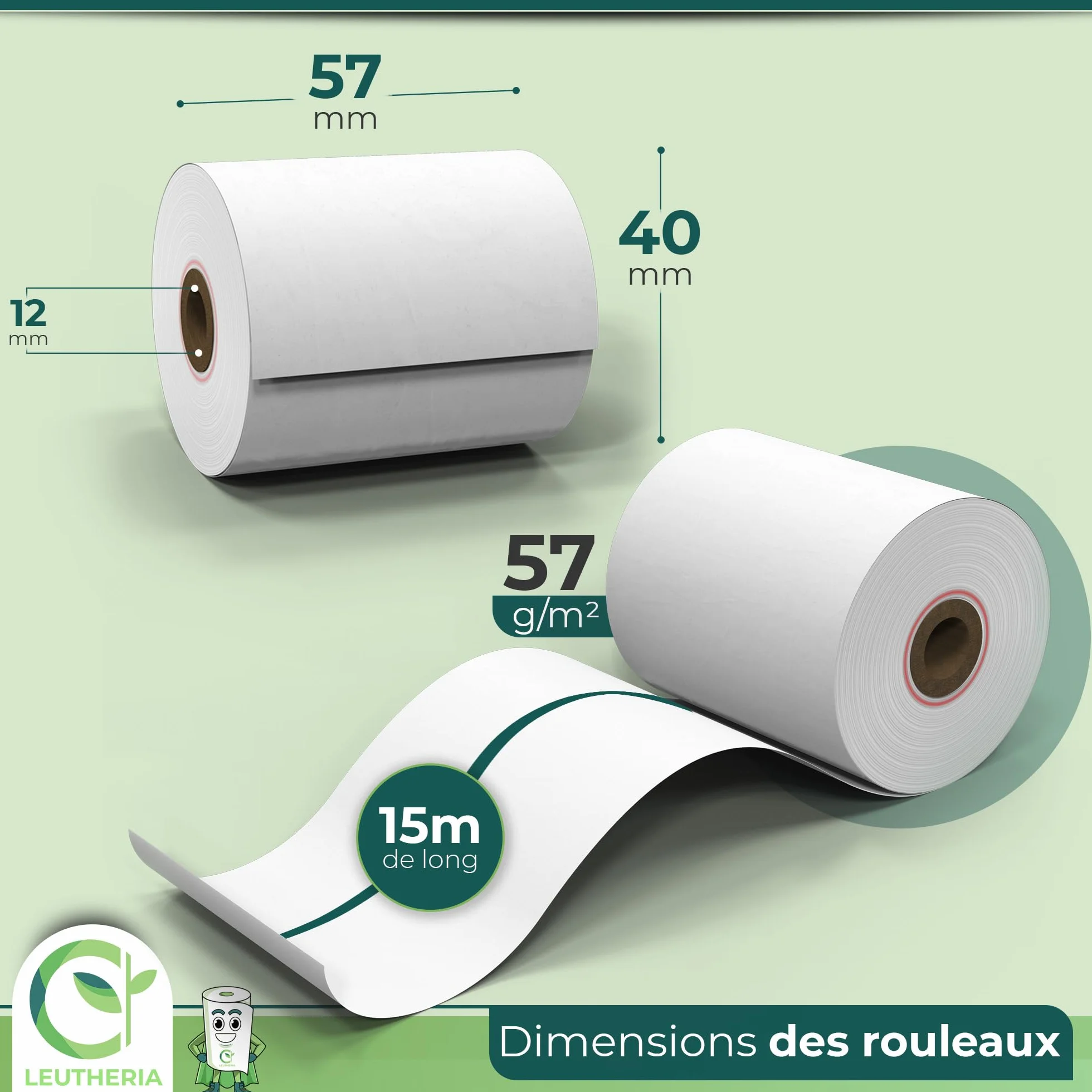 Bobine de papier thermique 57x40x12mm 15M sans BPA pour carte bleue ticket de caisse