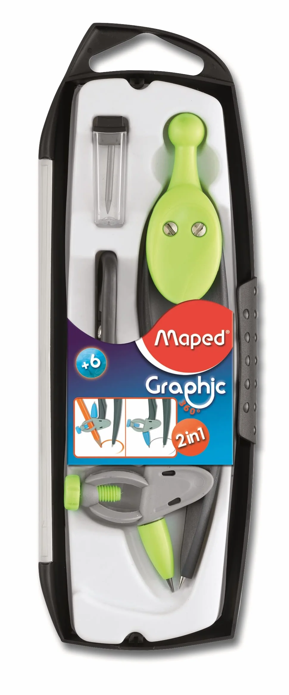 Maped Compas Graphic 360 Coffret 3 pièces Compas Interchangeable Double Fonction Mine Bague