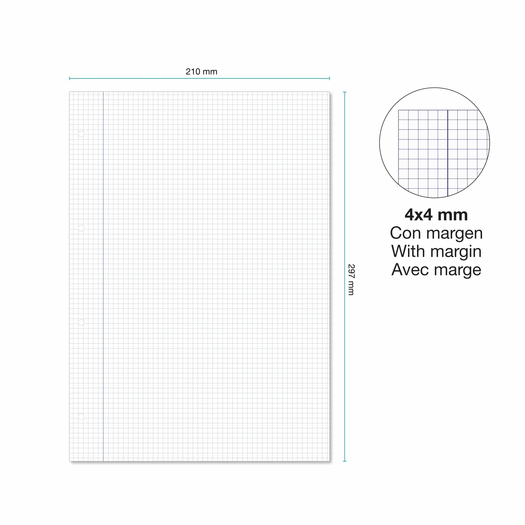 Miquelrius Bloc de recharge A4 100 feuilles quadrillées 4x4 mm 90 g/m² papier opaque perforé