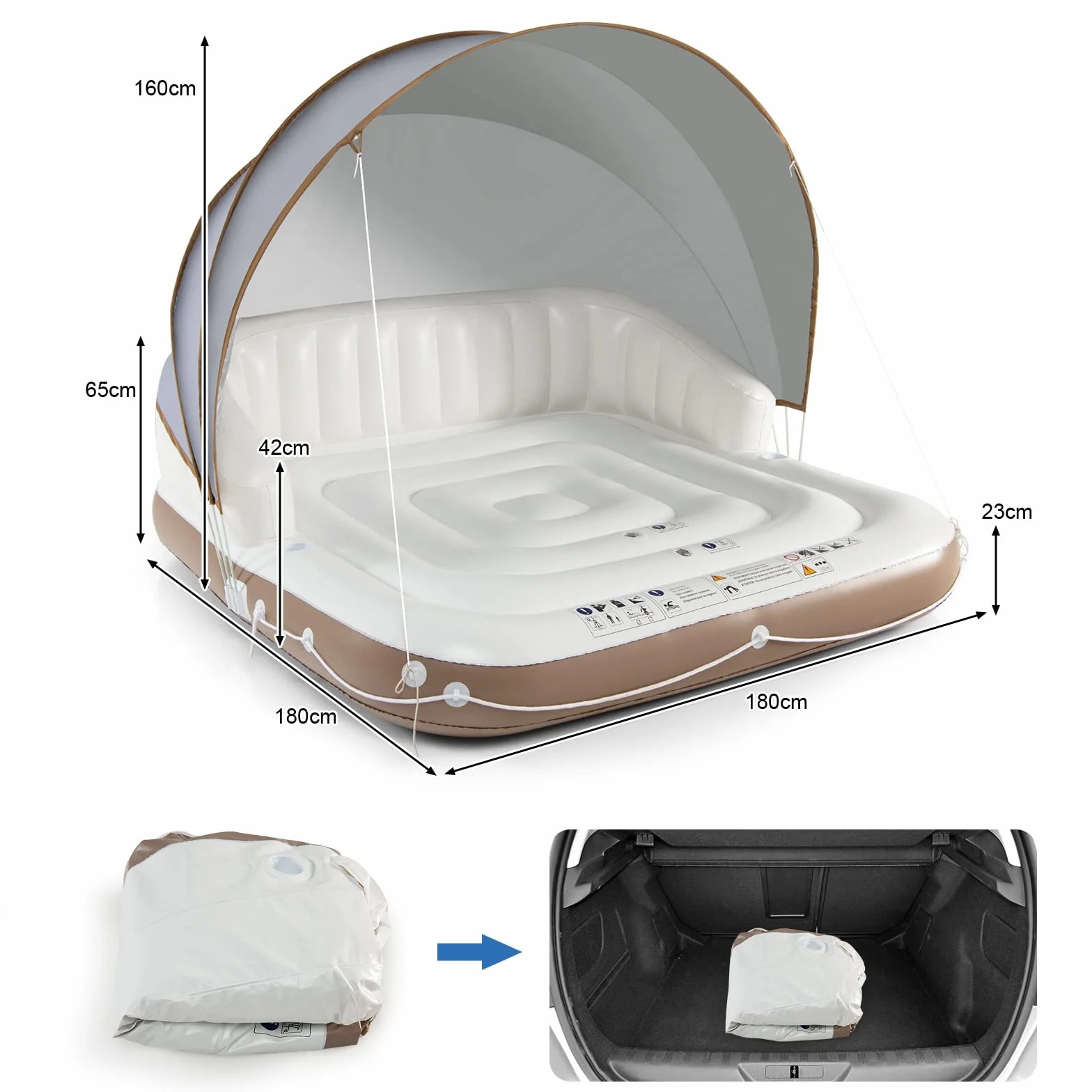 KOMFOTTEU Matelas Gonflable Lounge avec Auvent Rétractable 200KG Flotteur Piscine 2 Places UPF50+ Île Flottante 180x180x160CM