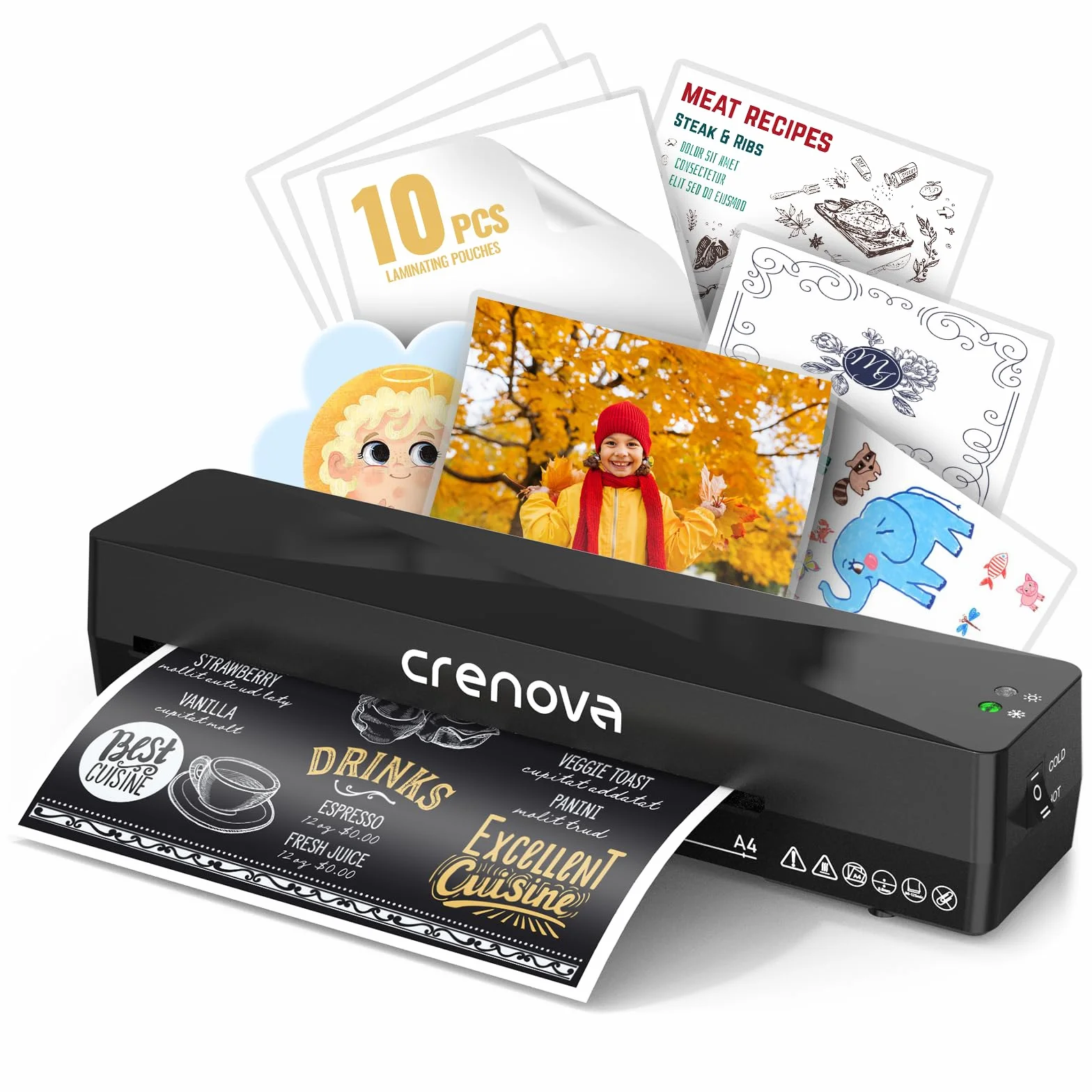 Crenova Plastifieuse A4 à Chaud et à Froid avec 10 Pochettes, Sans Bulles, Noir