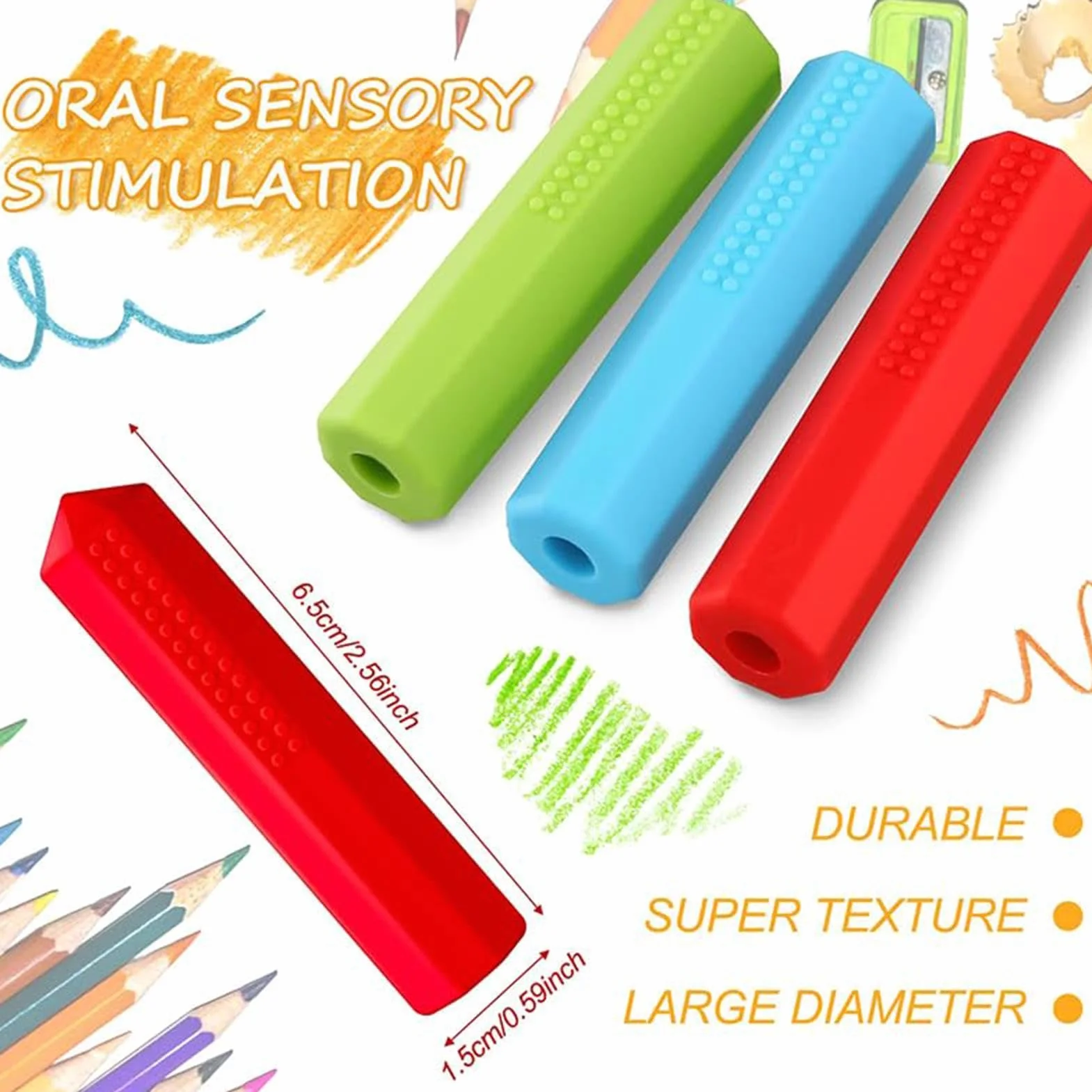 Crayons sensoriels à mâcher - Tubes lestés en silicone pour TDAH - Lot de 3, outil apaisant pour école