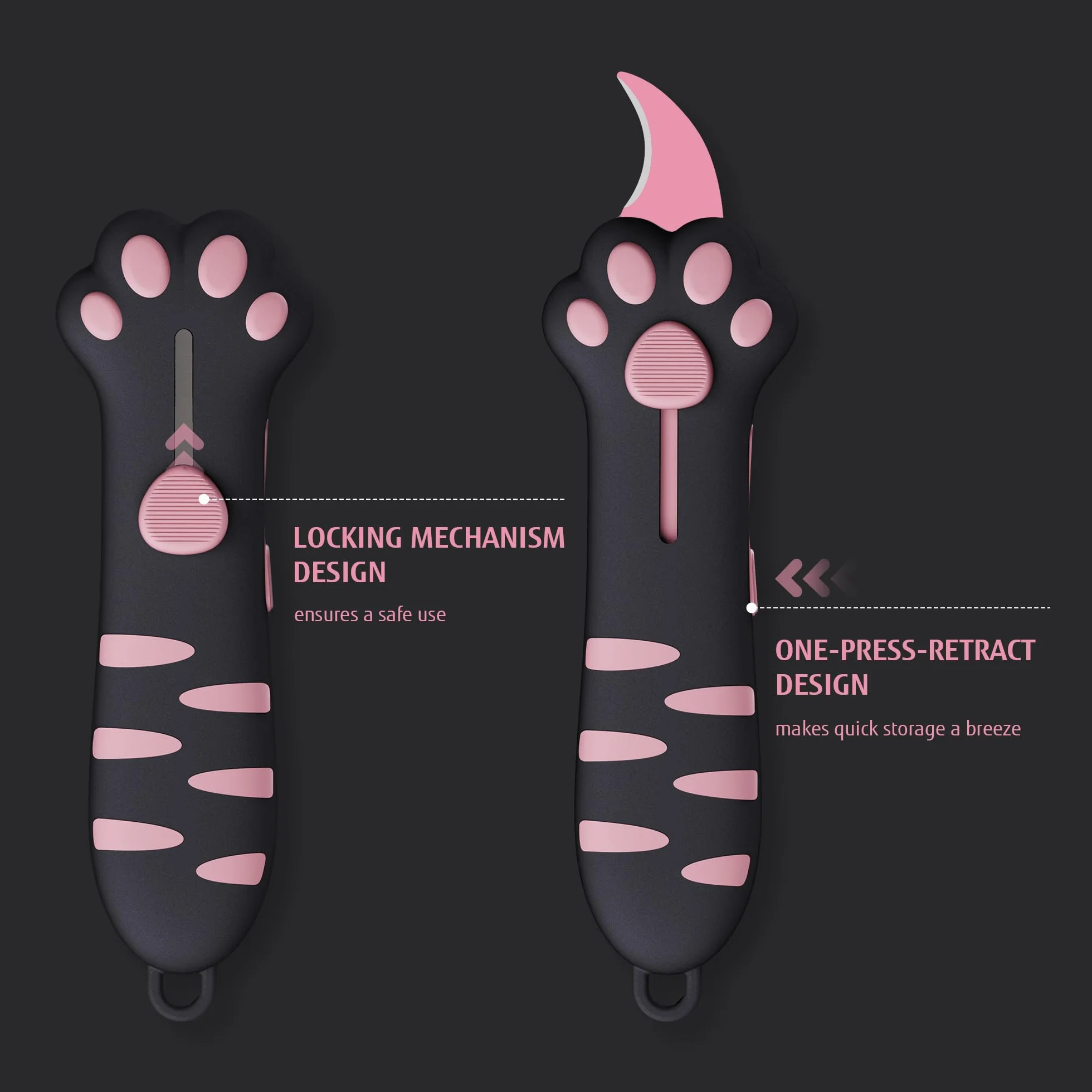 Cutter rétractable lame acier inoxydable revêtement antiadhésif poignée ergonomique patte de chat Rose Noir