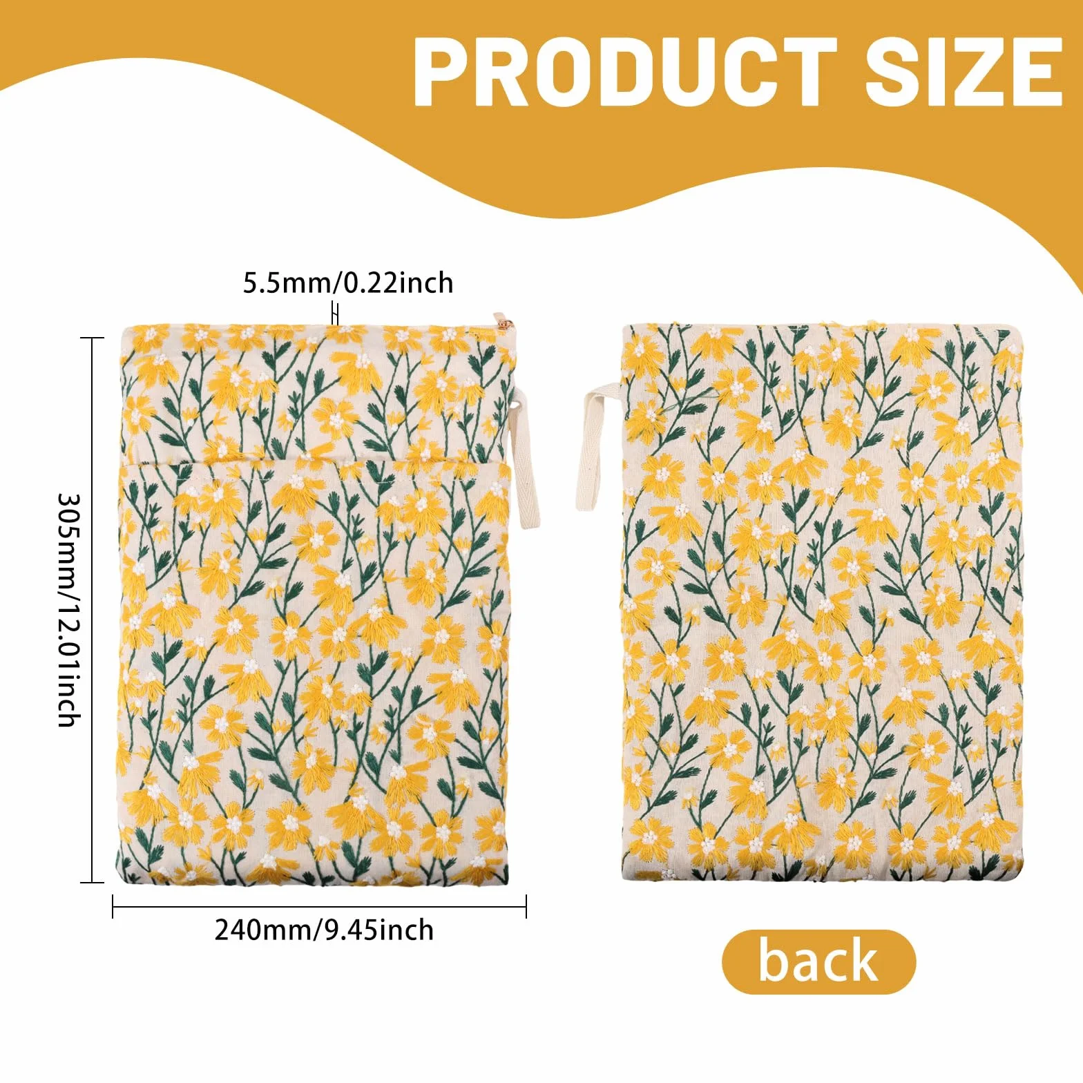 GLOBLELAND Étui de Livre Brodé de Fleurs avec Fermeture Éclair Jaune Marguerite pour Livres Brochés et Reliés