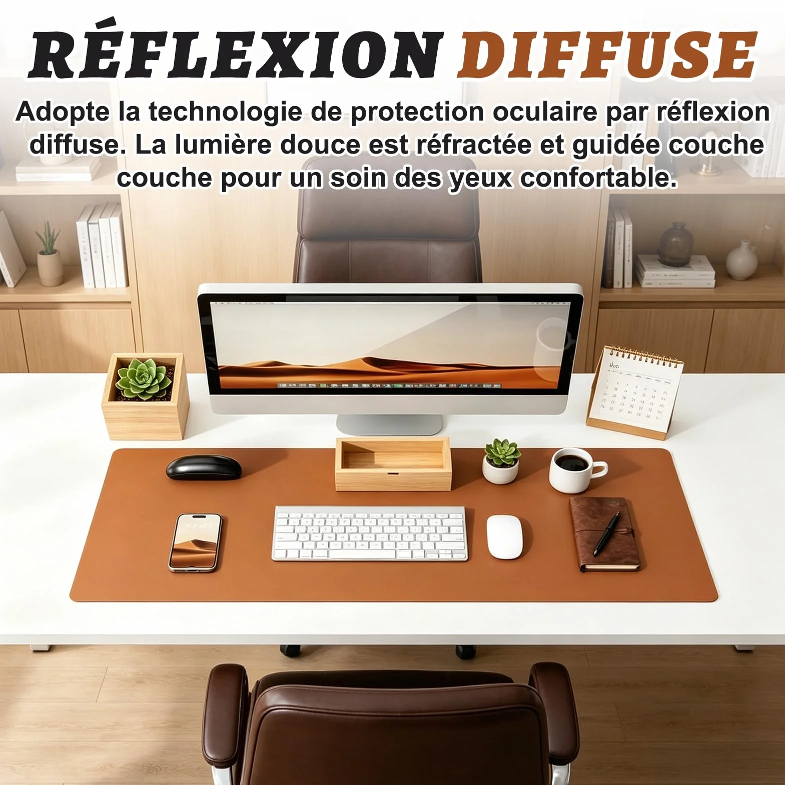 Tapis de Bureau Cuir PU Marron 90x40cm XXL – Sous-Main Antidérapant Imperméable, Protection Bureau