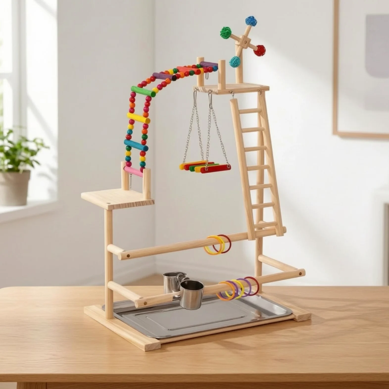rockible Perchoir sur Pied avec Balançoire Multinivea Aire Je avec Plateau Interactif Support Jeu Mangeoire pour Salon