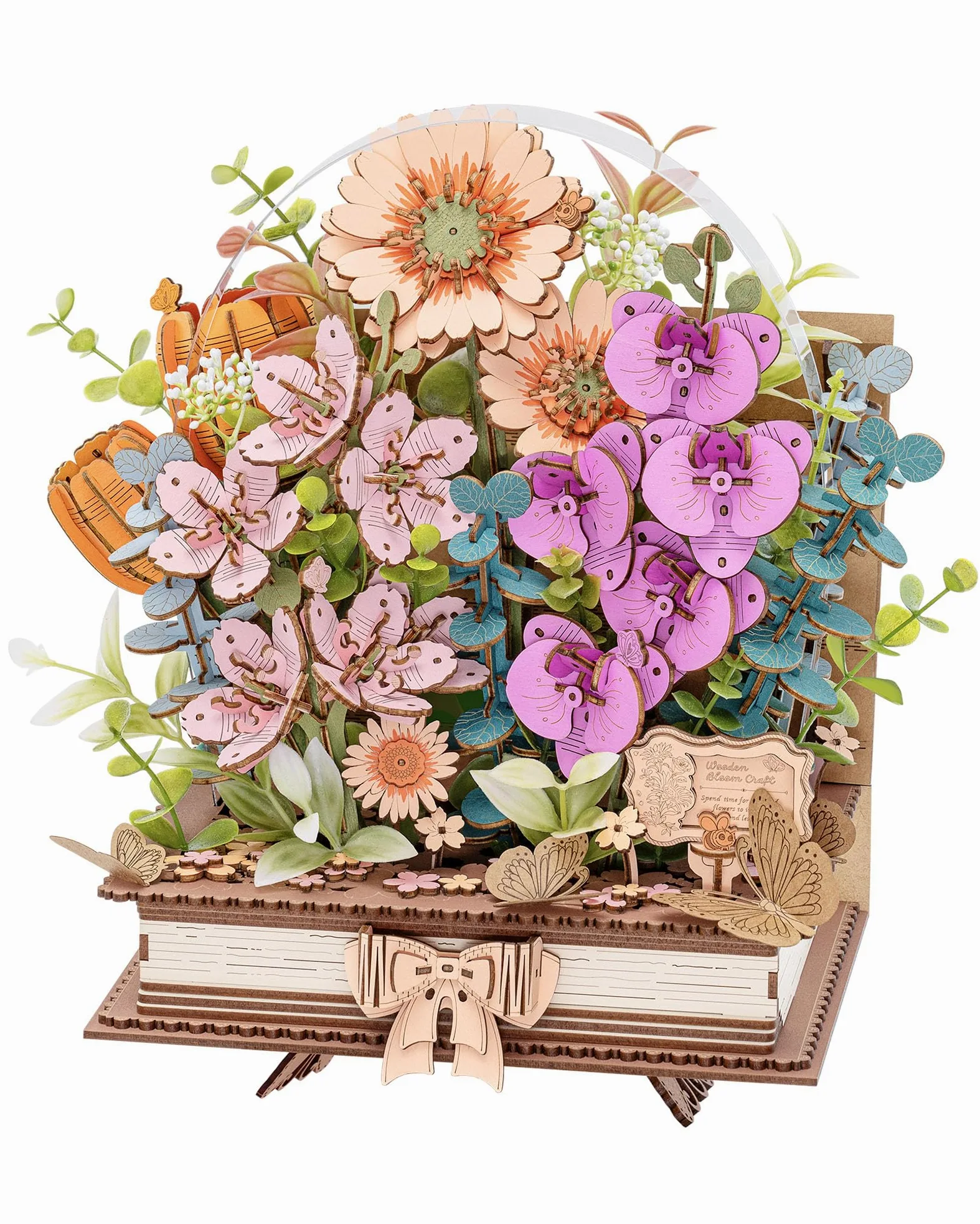 ROWOOD Puzzle de fleurs en bois 3D, livre de floraison en bois, kit de modèle de bouquet à faire soi-même, kits d'artisanat créatifs pour adultes, puzzle de fleurs décoratif, cadeaux d'artisanat pour
