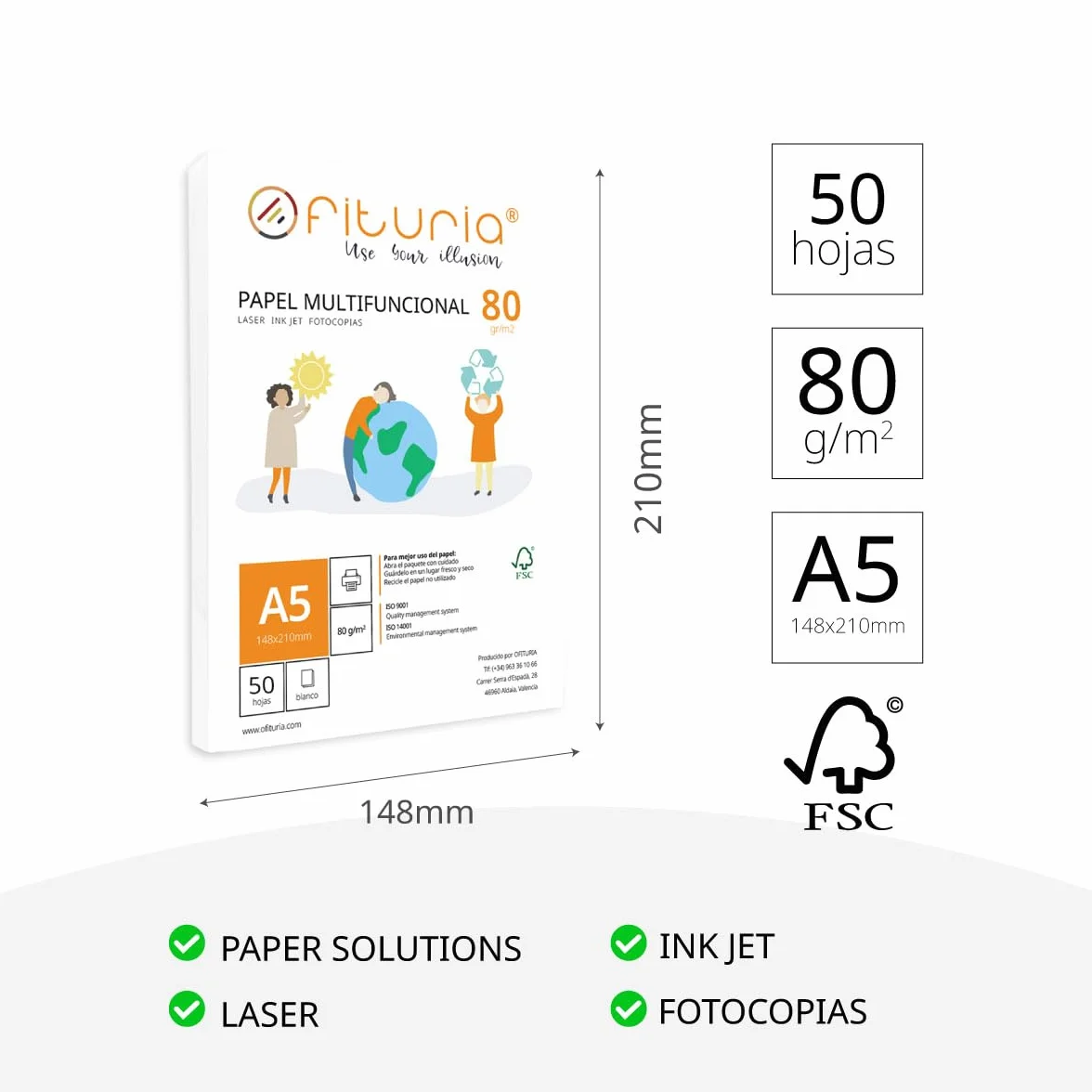 OFITURIA Papier A5 80 g 50 feuilles blanches multifonction pour imprimantes laser injection photocopieuses