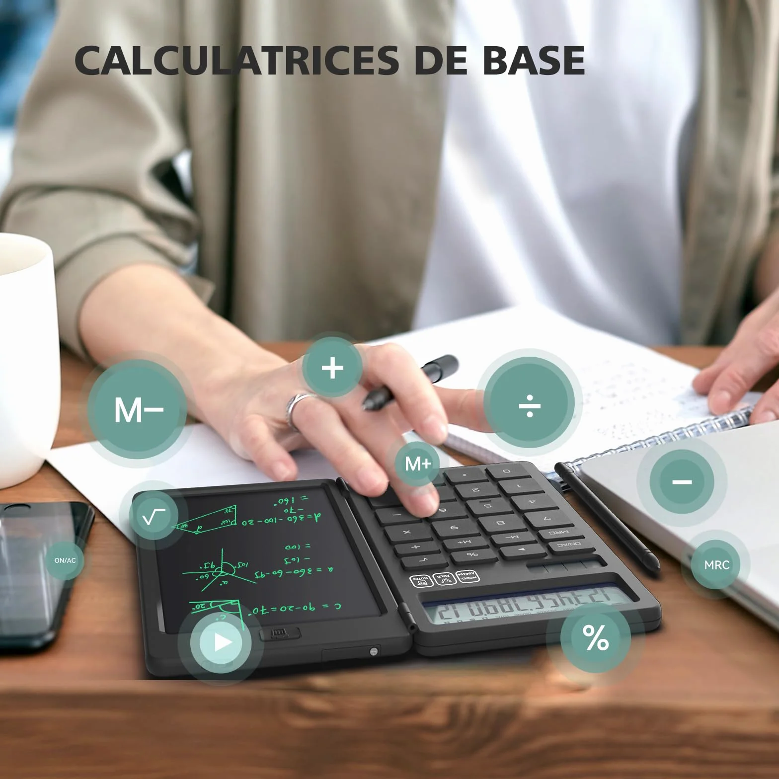 NEWYES Calculatrice avec Tablette d'Écriture, Portable pour Élèves Primaire et Collège, Noir