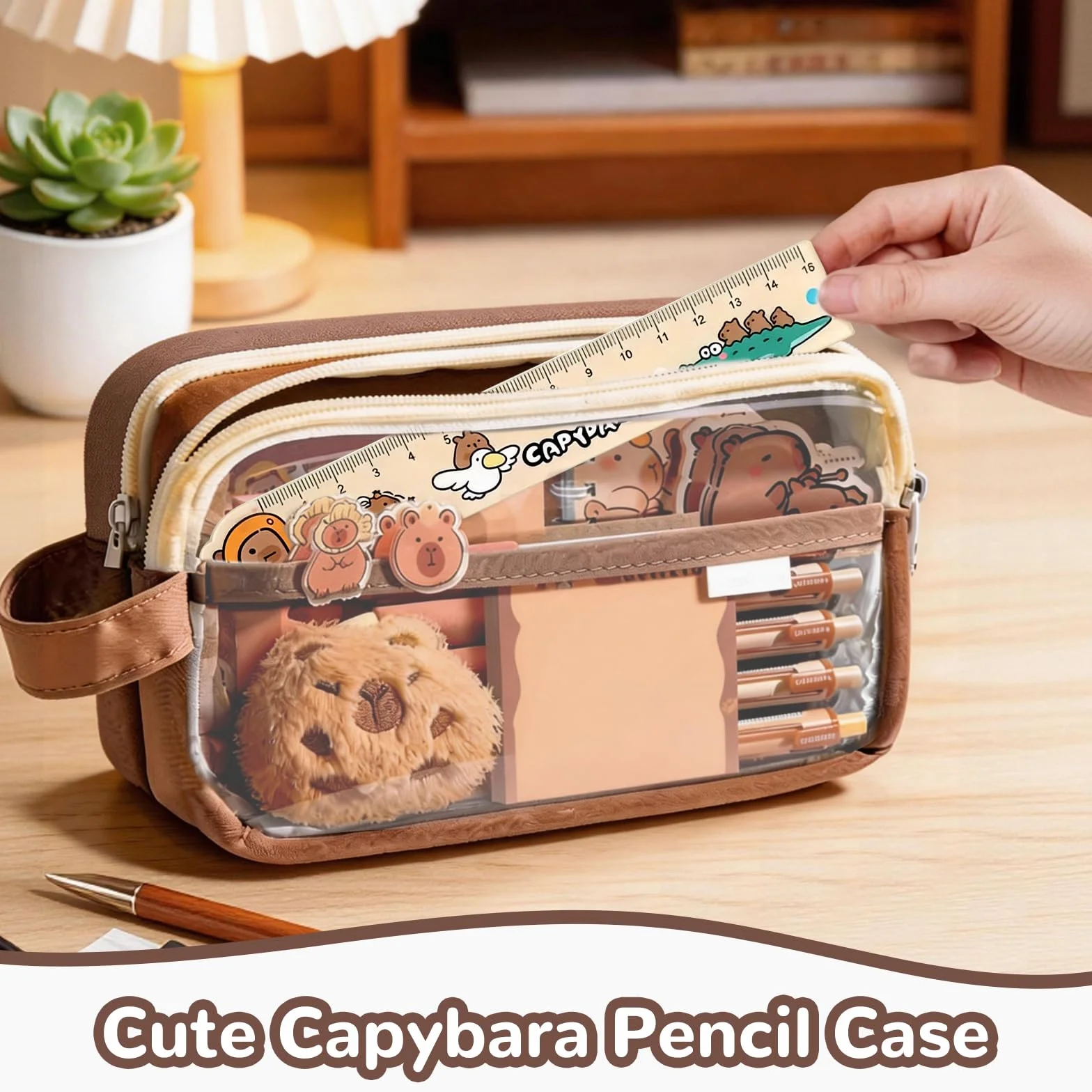 Trousse Capybara Kawaii Ensemble Papeterie avec Stylo Règle Autocollants Pins Porte-clés Blocs-Notes Grande Capacité Bureau École