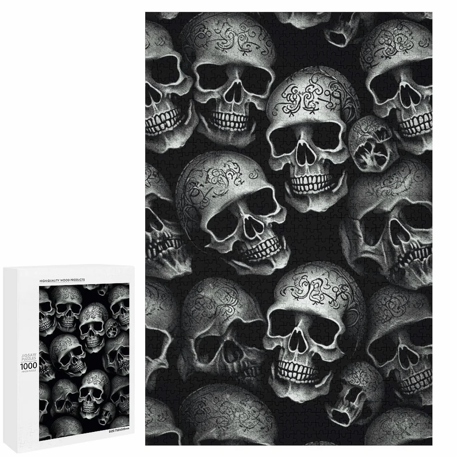 Casse-tête en bois pour adultes pour décoration d'intérieur, casse-tête de mort noir de forme unique avec boîte exquise, puzzle en bois personnalisé de 1 000 pièces pour cadeau de famille, voyage