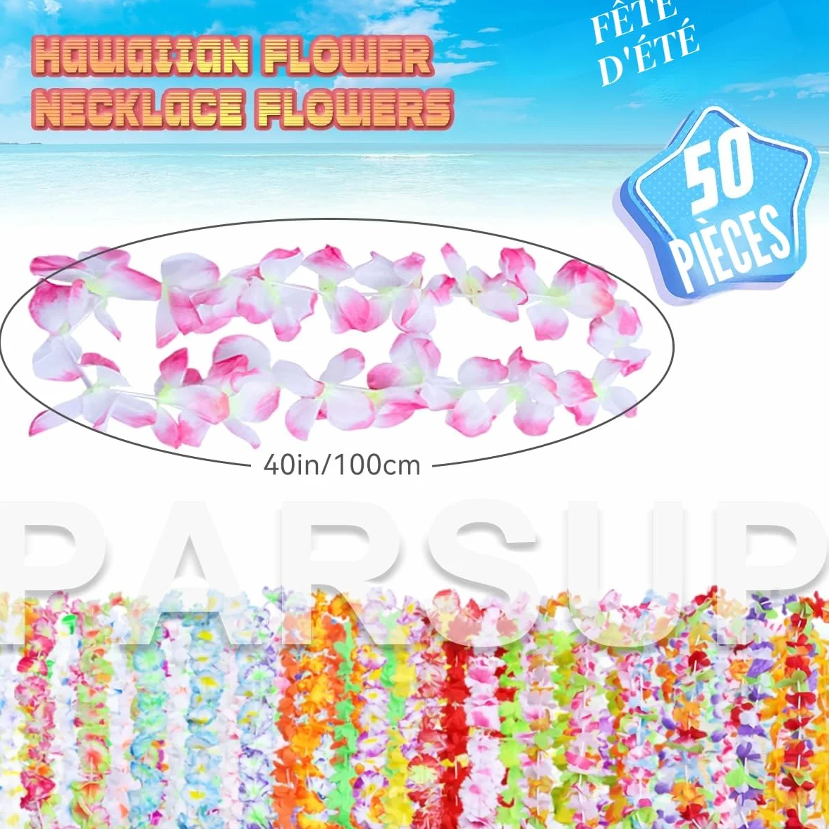 Lot de 50 décorations de fête hawaïennes, collier hawaïen en vrac pour fête tropicale, plage, Luau, Aloha