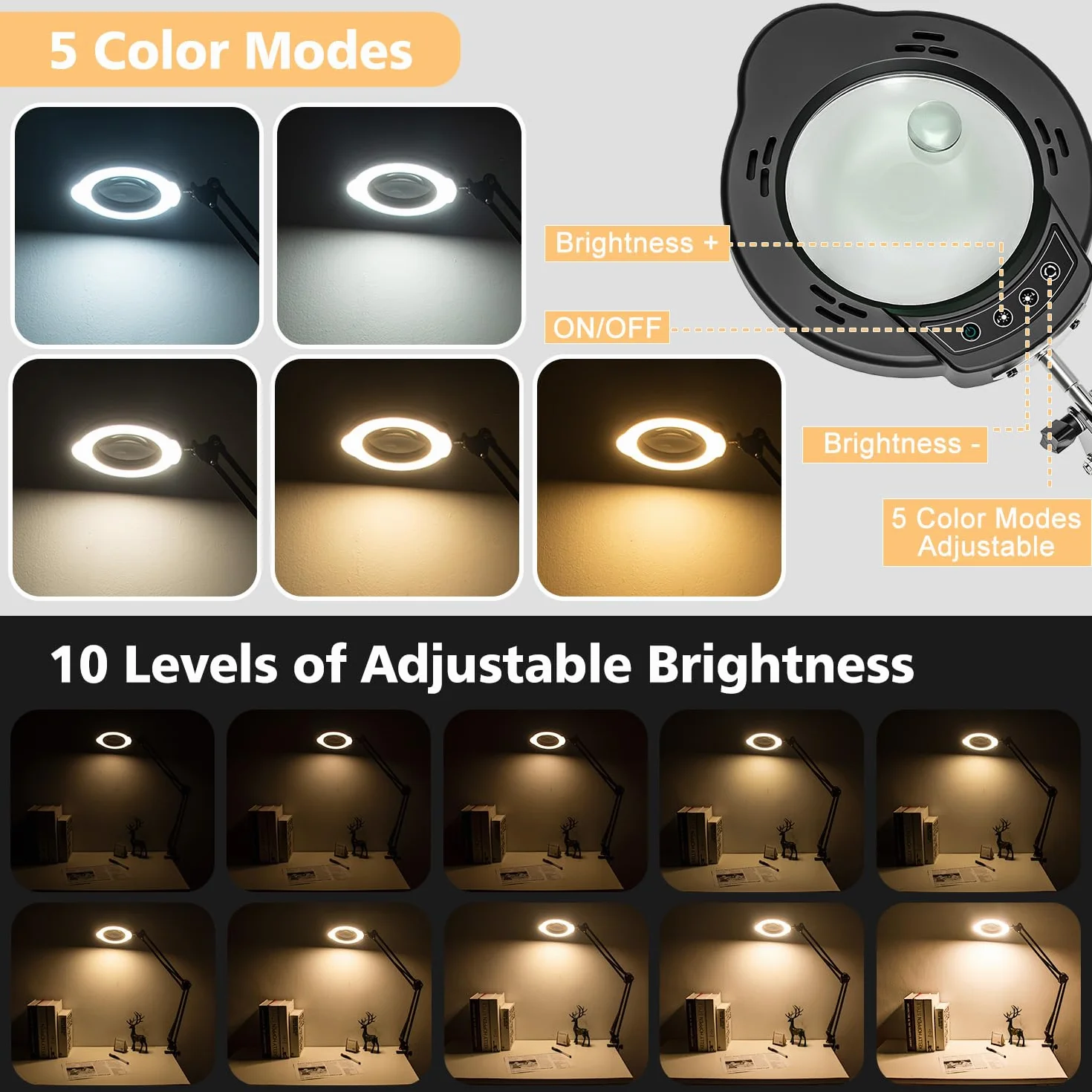 Lampe de Bureau Loupe 15X 10X LED avec Pince et Bras Pivotant, 5 Modes de Couleurs Réglables