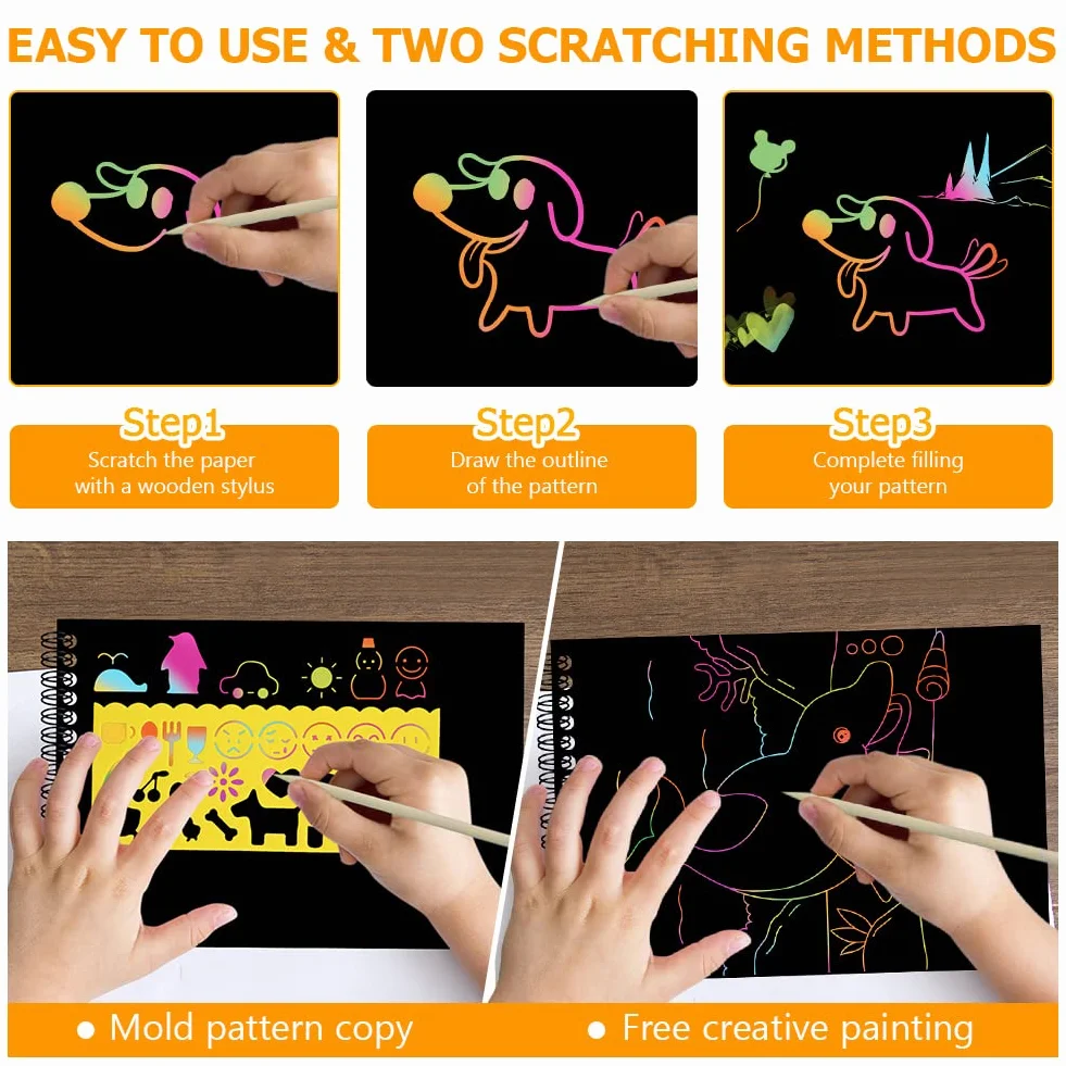 OFFCUP Carte à Gratter 2 Pack Scratch Art Notes Dessin pour Enfant avec 4 Règles de Gabarit et 4 Stylets en Bois 14x20cm