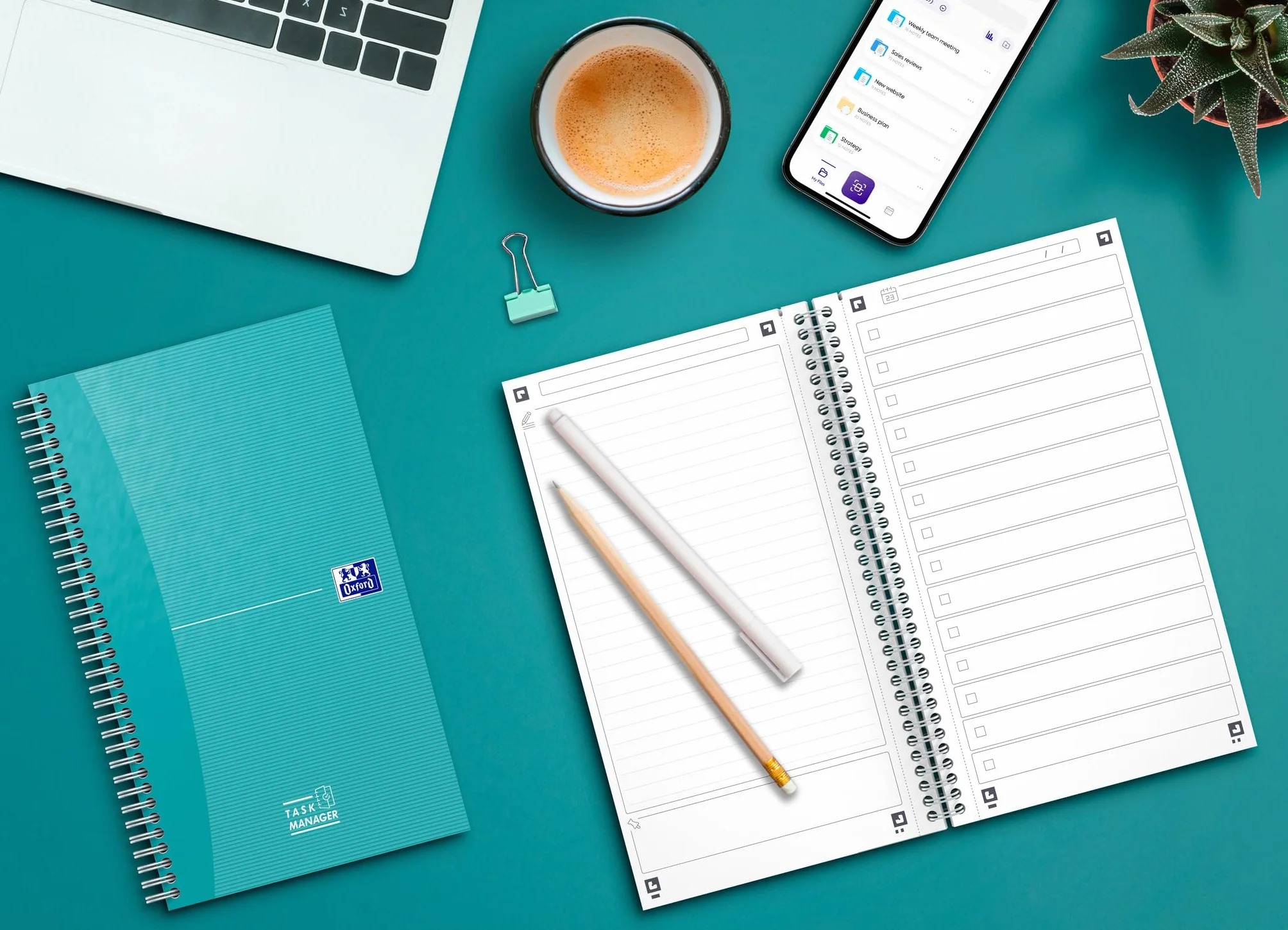 OXFORD Cahier Task Manager Office Essentials 14,1x24,6cm 230 Pages Reliure Intégrale Couverture Carte Aqua