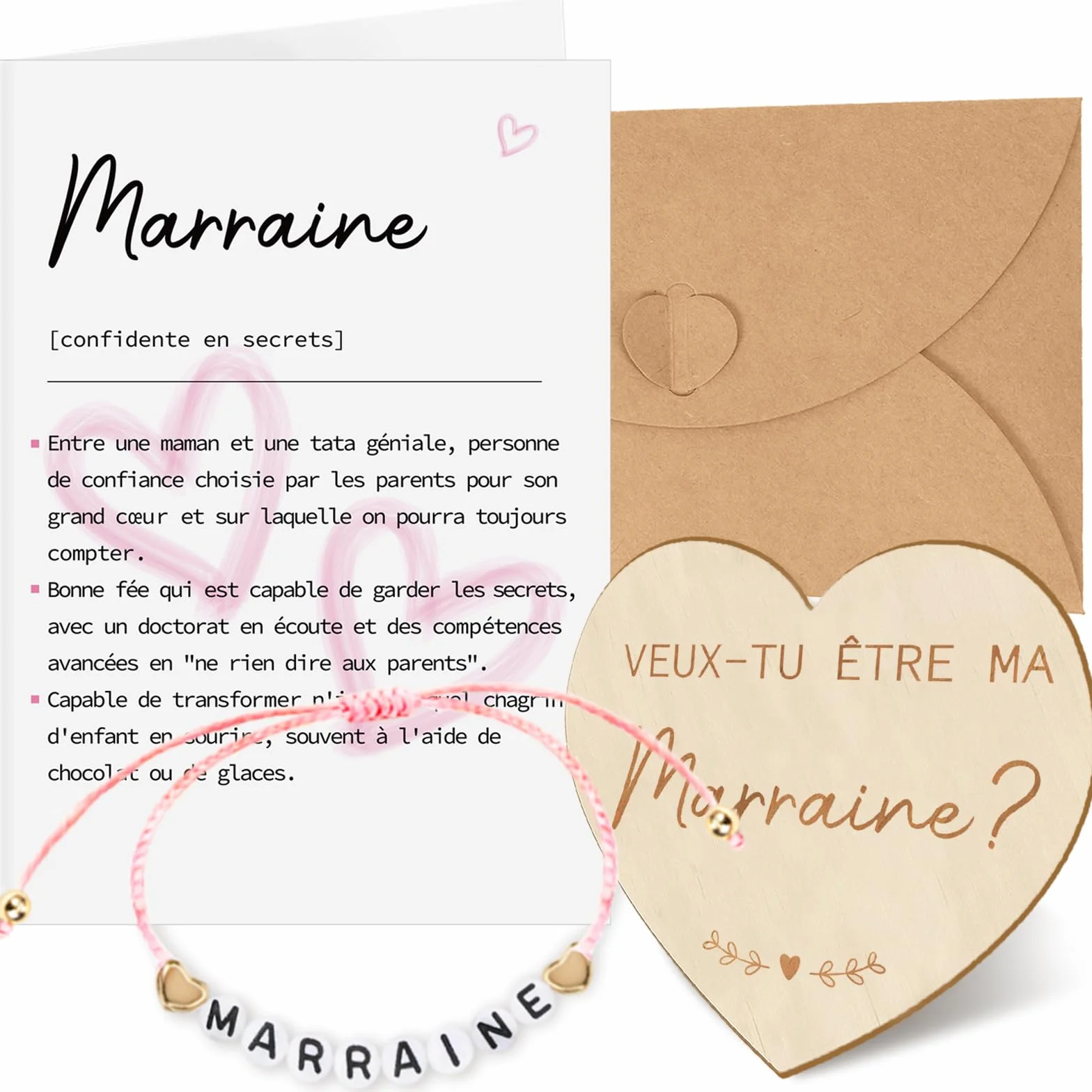 Carte de Demande en Bois pour Marraine, Bracelet avec Lettres, Idées Cadeaux