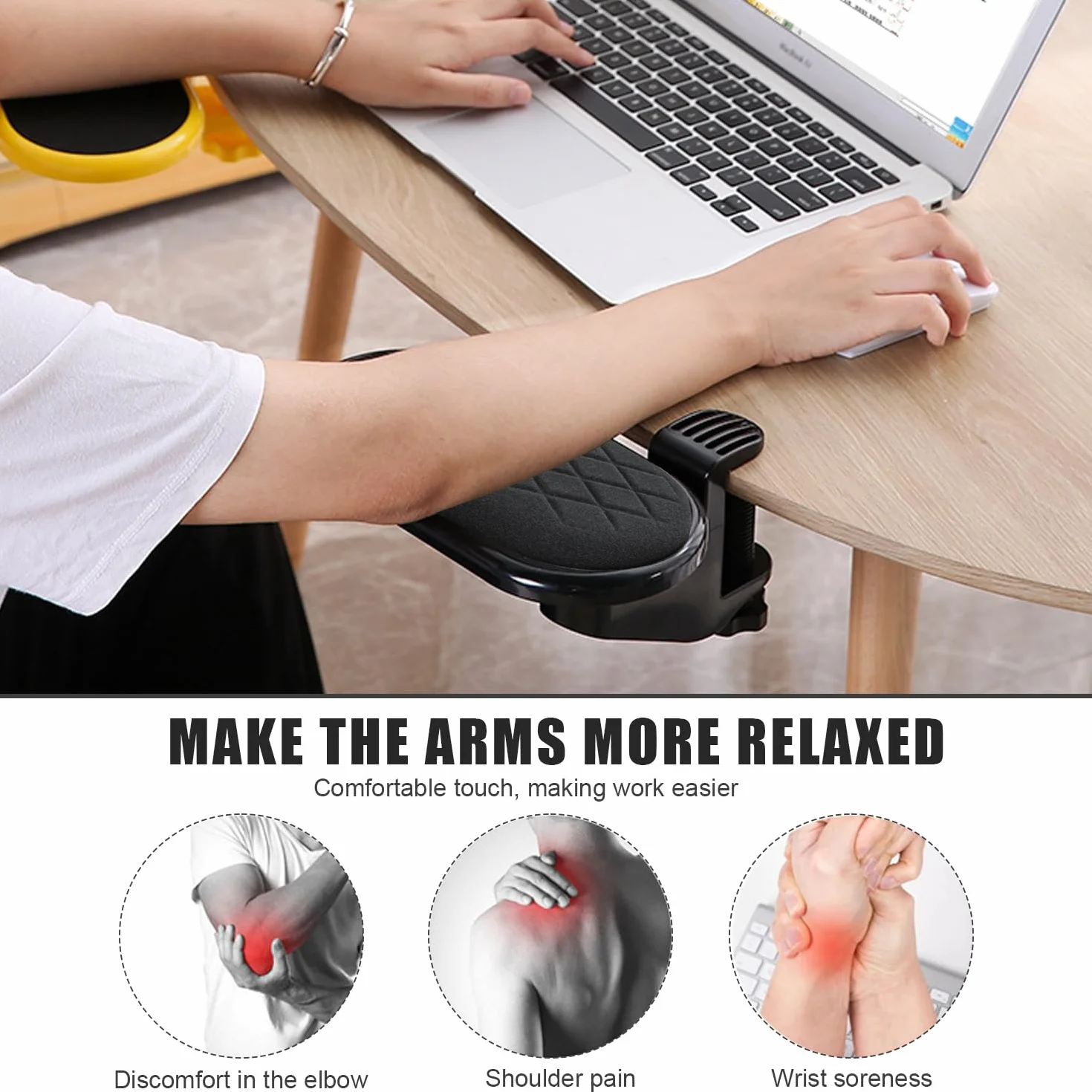 Repose Bras Accoudoir Bureau Réglable Support Ordinateur Ergonomique 180° Noir