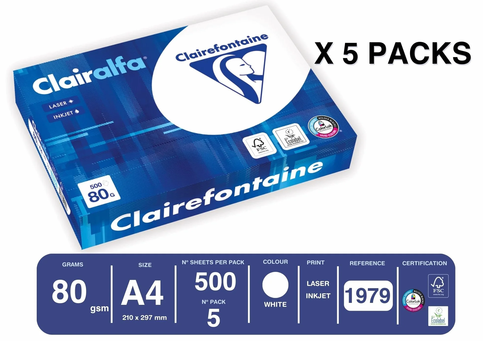 Clairefontaine Papier A4 Clairalfa 80 g/m² 2500 feuilles Blanc 171 CIE