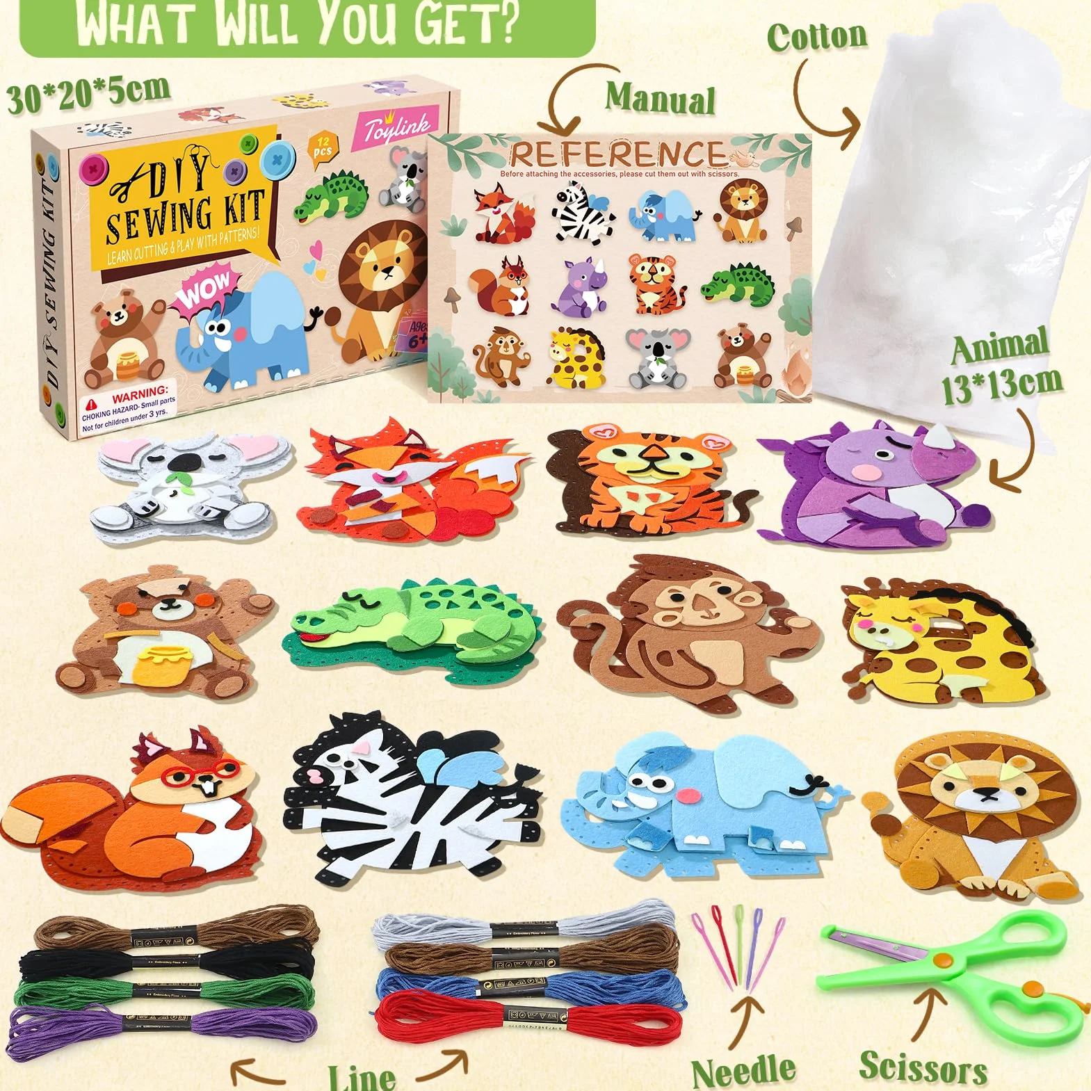 Toylink Kit Couture Enfant, Kit Créatif Bricolage avec 12 Feutres & Aiguilles Plastique, Cadeau 5-10 Ans Fille Garçon