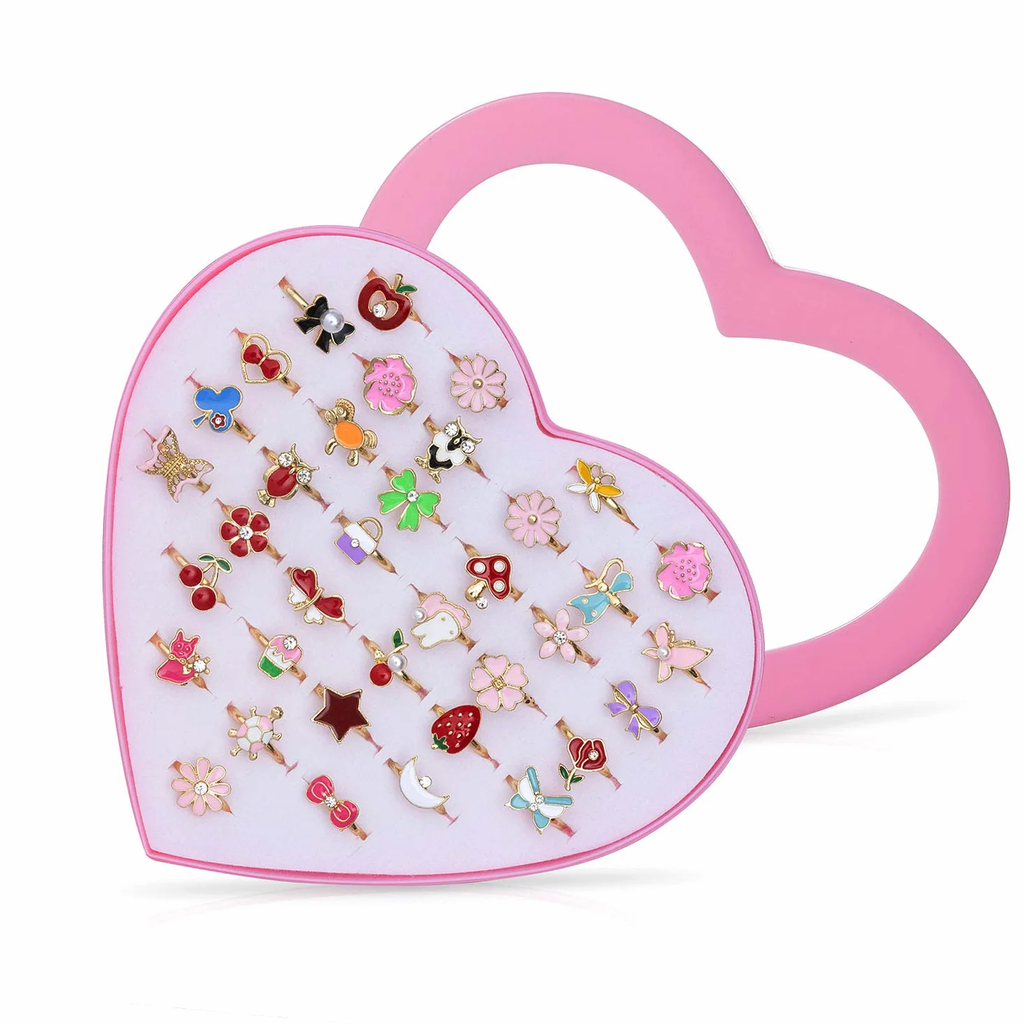 Diealles Shine 36 Pièces Bagues pour Enfants, Ensemble de Bagues Petites Filles avec Boîte Coeur Rose