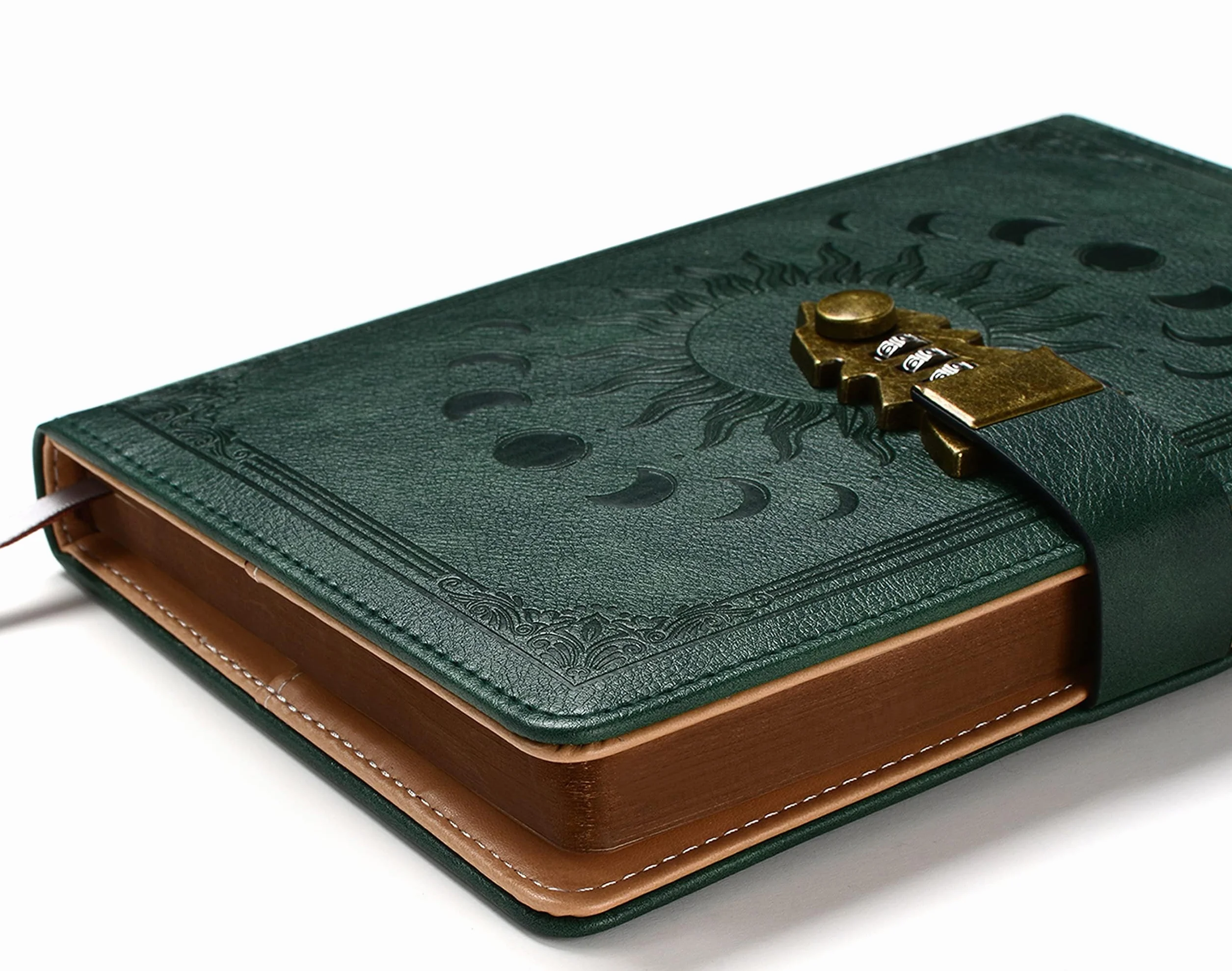 Carnet Secret avec Code 21 x 15,5 cm 224 Pages Couverture Cuir PU Design Relief Soleil Lune Vert Émeraude