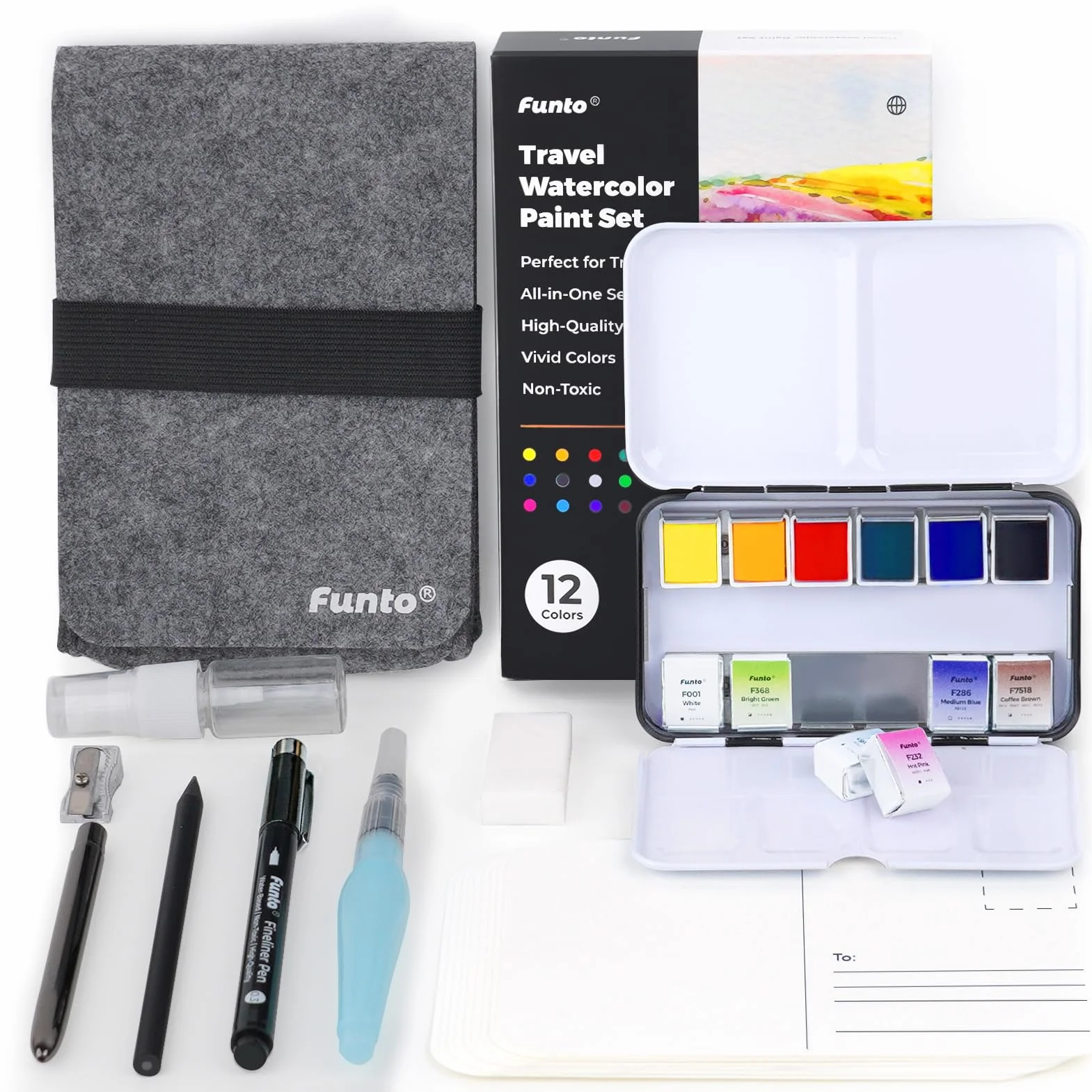 Set de voyage à l'aquarelle Funto 12 couleurs, 10 cartes postales, pinceau, stylo, crayon pour adultes