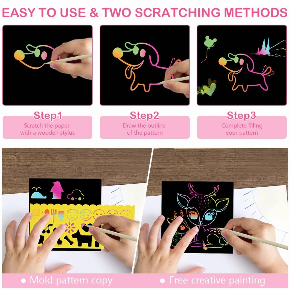 Vicloon Carte à Gratter Enfant 50pcs Feuilles à Gratter Papier avec Règles de Gabarit Dessin Stylets Bois 8.5x8.5cm