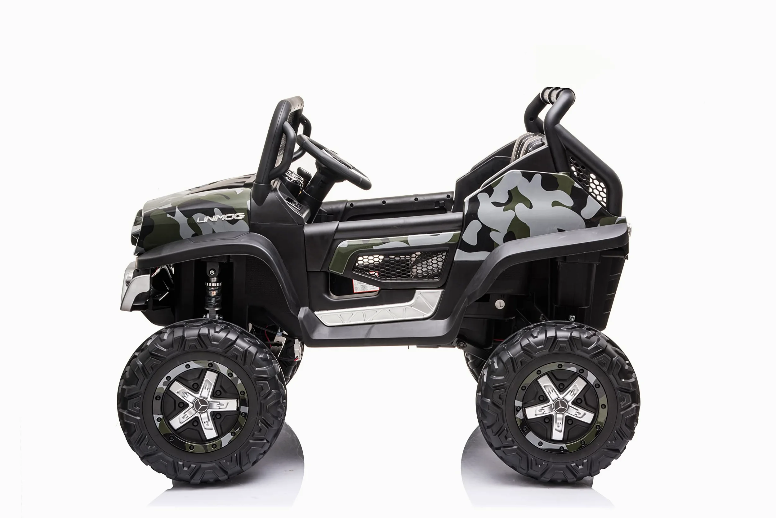 FINOOS Buggy 4x4 Voiture électrique Enfant Mercedes Unimog 12V, avec télécommande 2.4Ghz, Siège en Cuir et Roues en Gomme (EVA) 4 x Moteur 12V 45W, Batterie: 12V10Ah, 1-5 Ans (Camouflage)