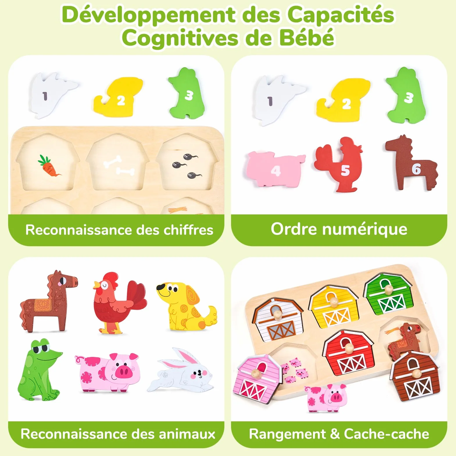 JoyCat Puzzle en Bois Animaux de la Ferme Montessori 1 2 3 Ans Jouet Educatif Enfant