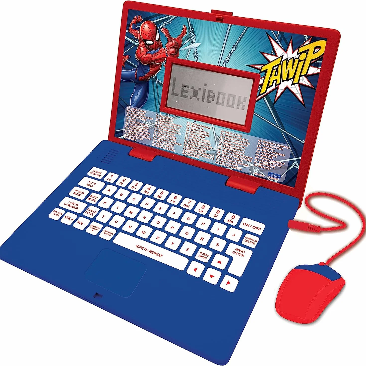 LEXIBOOK JC598SPi5 Spider-Man Ordinateur Portable éducatif et bilingue Italien/Anglais Jouet avec 124 Activités pour Apprendre, Jouer à des Jeux et Musique Bleu/Blanc